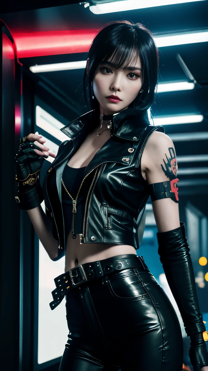 (highest quality)，masterpiece，Super detailed，8K, UHD，Beautiful woman，japanese woman，No expression，whole body，((tattoo))，slim，black leather pants，black leather vest，(female mafia)，gangster，(cyberpunk city)，night，cinematic lightening，underworld