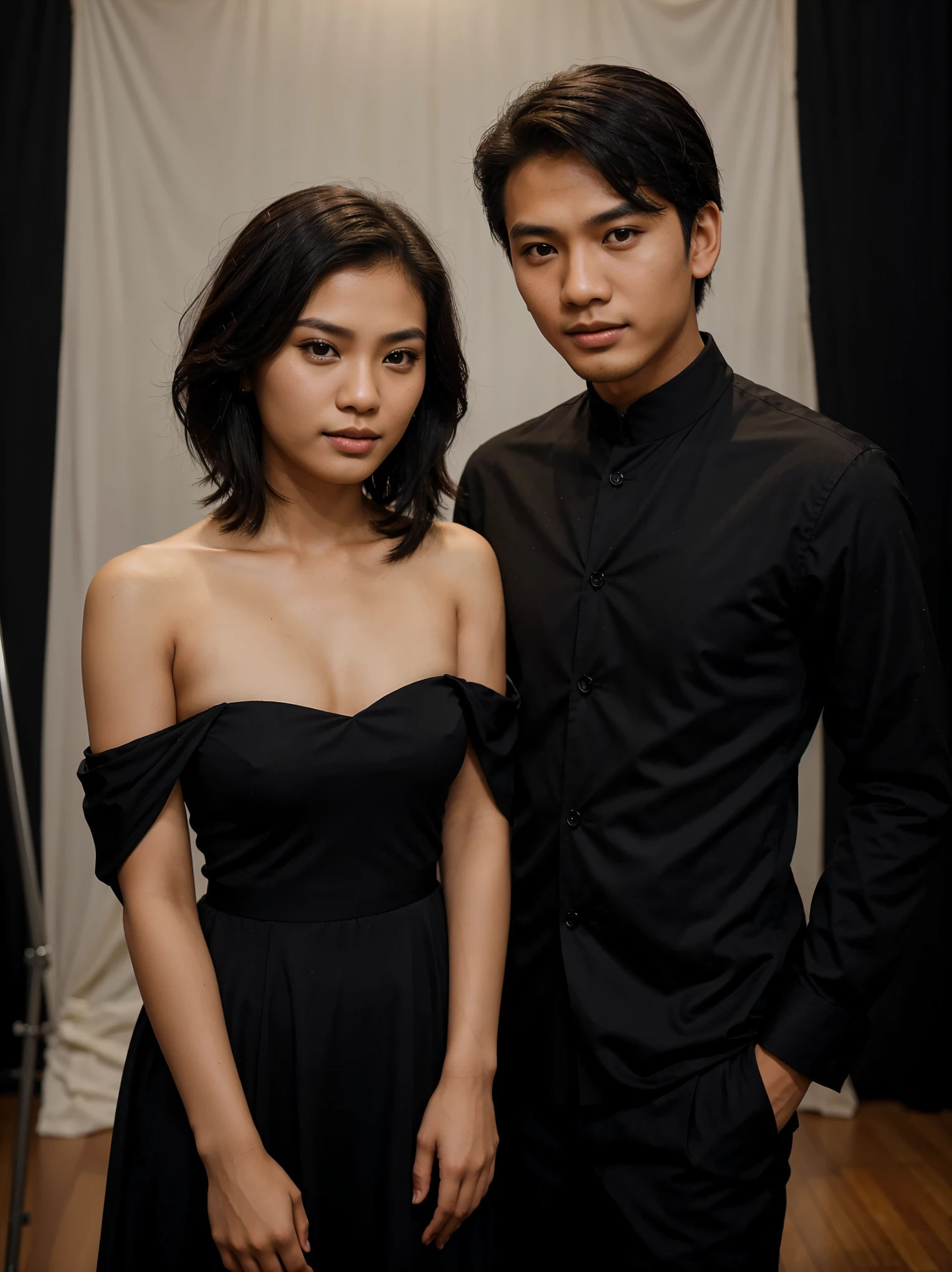 a handsome young Indonesian man with short hair, took a photo together with a beautiful young Indonesian woman with wavy shoulder length hair dressed in elegant black. in a photo studio