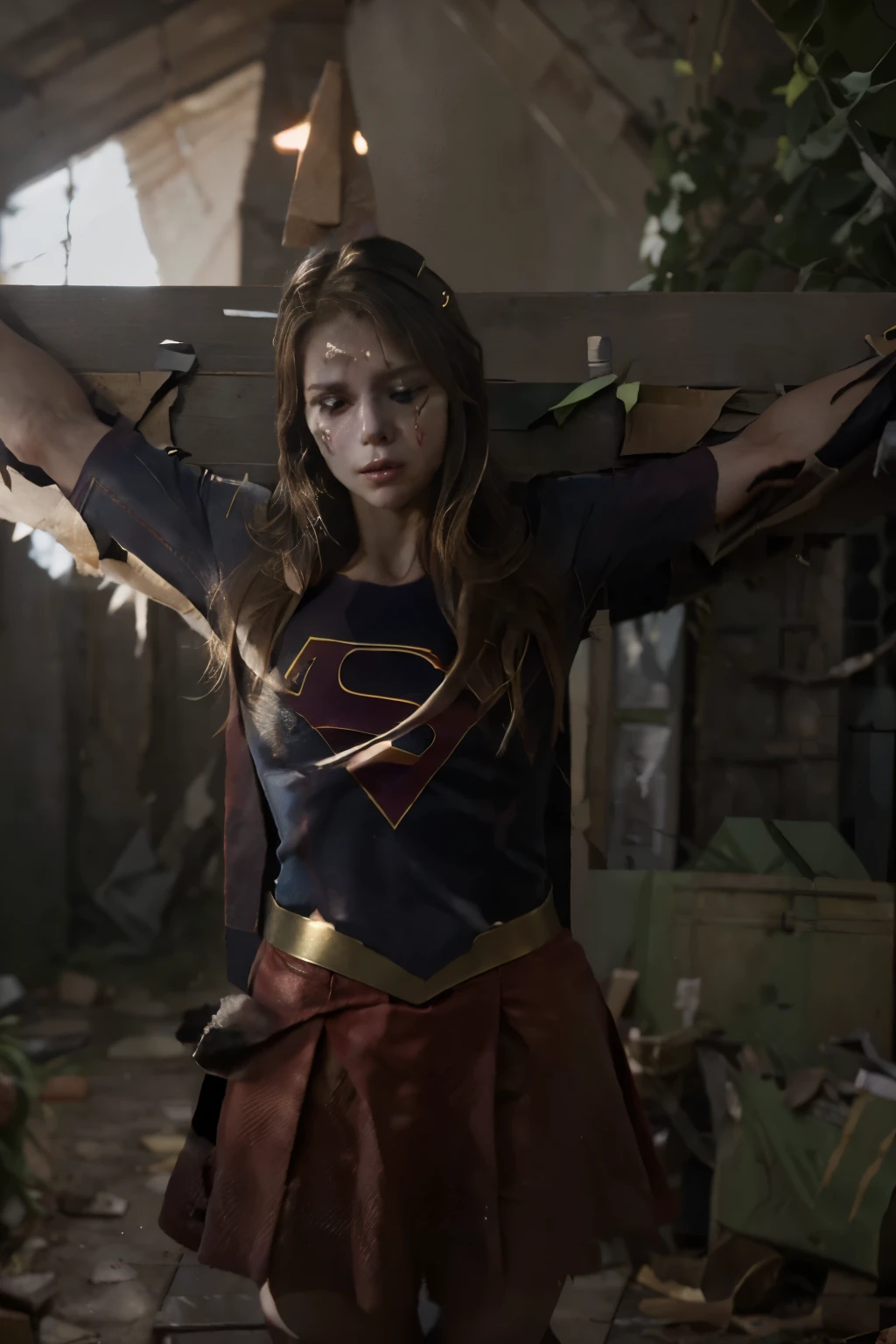 highest quality,masterpiece,UHD, Super detailed, 8K,(Beautiful woman),一人のBeautiful woman,((crucifixion)),(cross),(execution),((incontinence)),scared,torture,slave,((crossにcrucifixionにされた女性:1.5)),crucifixion刑,(supergirl),red skirt,((torn costume:1.3)),(tattered clothes),((Bruises on face and body:1.2)),Defeated heroine