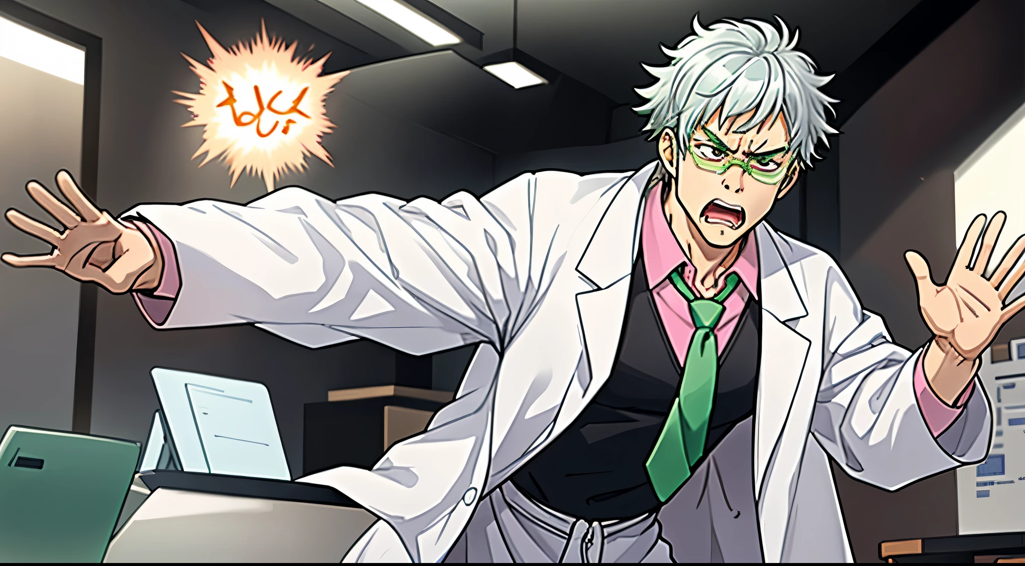 Silver-haired guy wearing medical glasses, wearing a white lab coat and black and pink shirt with a green tie, he is furious, waving his arms in a dynamic movement of anger, his face expressions showing anger