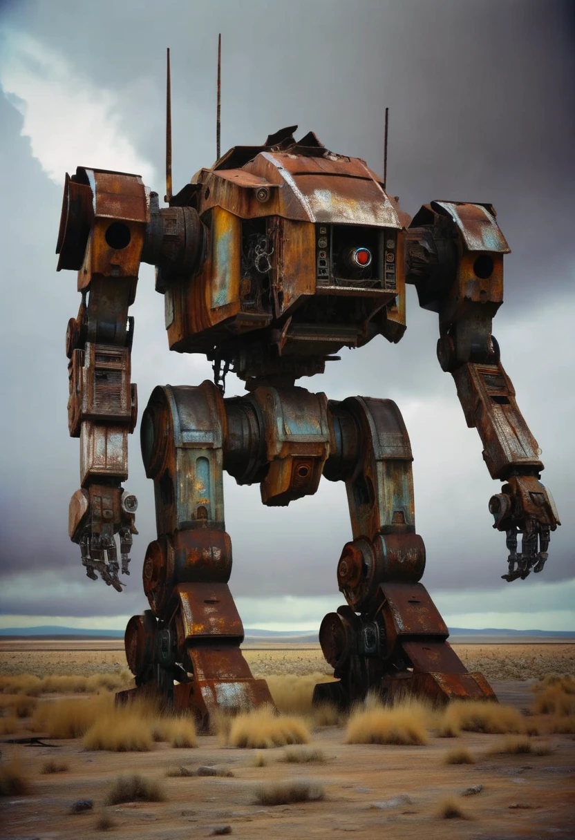 An evocative photograph of a massive, rusted, and abandoned mech, standing tall in a barren, desolate landscape. The once-mighty mech is coated in dust, with its metallic paint peeling off, revealing the underlying metal. The mechanical details are intricate, and the mech has a sense of history and a story to tell. The sky is overcast, creating an eerie atmosphere, as if the mech is the last remnant of a civilization long lost.