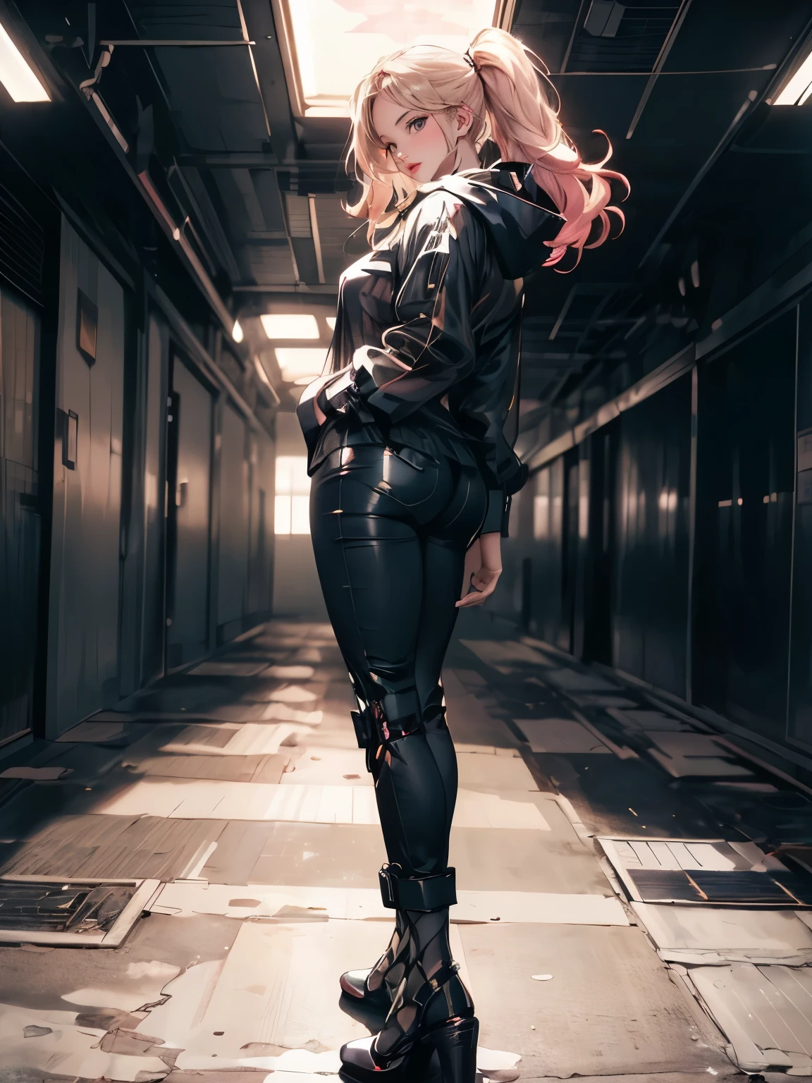 (masterpiece, best quality, photorealistic, ultra-detailed:1.2), perfect body, large breasts, wide hips, big gorgeous eyes, luscious full lips, smile, parted lips, dangerous allure, (fashion by burberry, see through, transparent clothing:1.2), metro city, anime realism by artgerm and ayami kojima and donato giancola