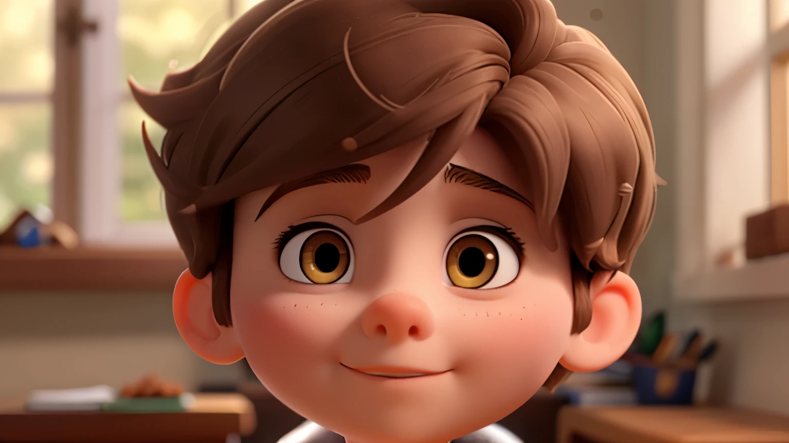 Close-up shot of A white  brown hair  face, illuminated by a shaft of sunlight filtering through the window. His eyes sparkle with disbelief and curiosity as he considers the possibility of attending a school for wizards. The camera captures his sense of wonder. Disney Pixar 