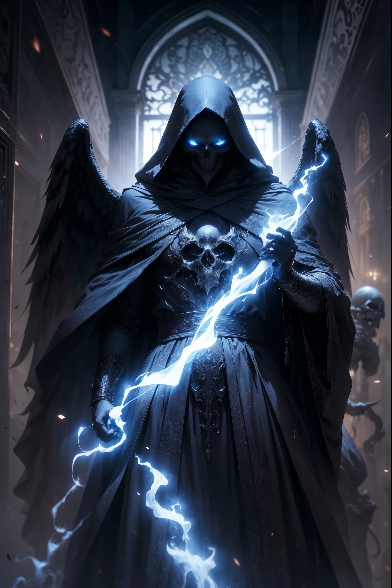 Striking illustration of the Angel of Death., A mysterious and ethereal figure who guards the threshold between life and death.. His presence is enigmatic and powerful...., con alas inmensas que se extienden hacia el horizonte y una mirada penetrante que transmite serenidad y temor. He uses cool tones and deep shadows to emphasize his ethereal nature and his connection to the realm of death......(dark lighting), ( ethereal lighting),(Spectral illumination)