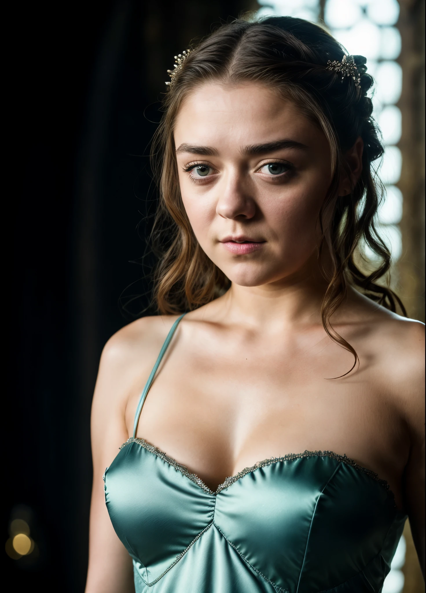 Foto RAW, Arya Stark, Extremely gorgeous lady, Arya Stark PLAYED BY MAISIE WILLIAMS, Queen Arya Stark, she  a mature woman now, milf, sexy mediaeval battle dress, gladiator woman, body, 40 years old Woman, body revealing costumes, perky breast, skin pores, big natural breast, erotic costumes, lusty physique, seductive figure can capture every people's attention, Game of thrones costumes, revealing captivating figure, Mediaeval costumes, revealing clothes, A tomboy, she would rather fence than dance, warrior queen , game of thrones screen caps, Game of Thrones Series, (pele altamente detalhada: 1.2), 8k UHD, DSLR, soft-lighting, alta qualidade, grain of film, Fujifilm XT3, flawless picture, highly detailed, detailed Beauty, intricate, 32k, sharp picture, showing her beautiful armpits, 