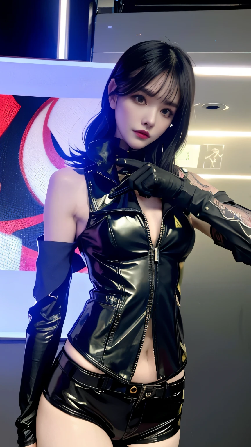 (highest quality),masterpiece,Super detailed,8K, UHD,Beautiful woman,japanese woman,No expression,whole body,((tattoo)),slim,black leather pants,black leather vest,(female mafia),gangster,(cyberpunk city),night,cinematic lightening,underworld