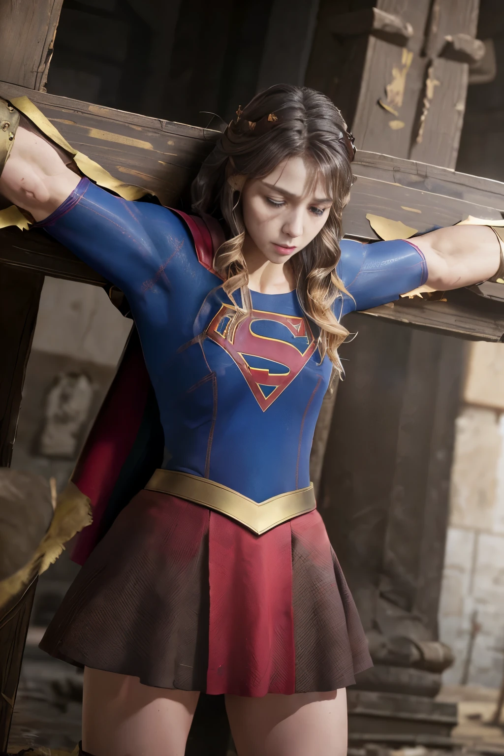highest quality,masterpiece,UHD, Super detailed, 8K,(Beautiful woman),一人のBeautiful woman,((crucifixion)),(cross),(execution),((incontinence)),scared,torture,slave,((crossにcrucifixionにされた女性:1.5)),crucifixion刑,(supergirl),red skirt,((torn costume:1.3)),(tattered clothes),((Bruises on face and body:1.2)),Defeated heroine