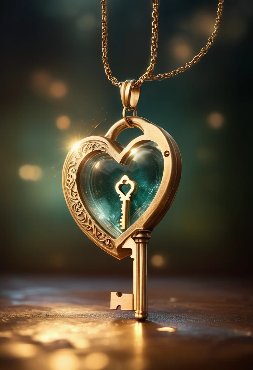 surreal necklace, imagining a key pulled out from the vertex of the heart, lost in thought, soul in it, unreal, sharpened edges, ultra detail, cinematic light, tension, under pressure, defeat, double expose, dreamlike fallen, glossy