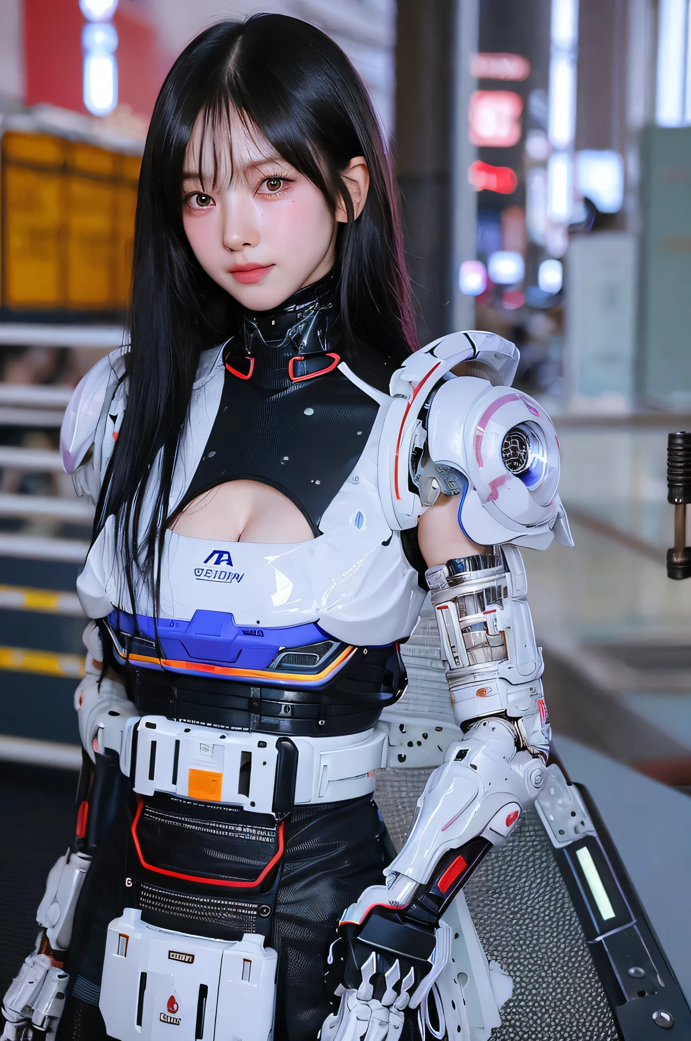 Top Quality, Masterpiece, Ultra High Resolution, (Photorealistic: 1.4), Raw Photo, 1 Girl, Black Hair, Glossy Skin, 1 Mechanical Girl, (Ultra Realistic Detail)), Portrait, Global Illumination, Shadows, Octane Rendering, 8K, Ultra Sharp, Big, Cleavage Exposed Raw Skin, Metal, Intricate Ornament Details, Korea Details, sexy, Very intricate details, realistic light, CGSoation trend, purple eyes, glowing eyes, facing the camera, neon details, mechanical limbs, blood vessels connected to the tube, mechanical vertebrae attached to the back, mechanical cervical attachment to the neck, wires and cables connecting to the head, gundam, small LED lamps, pet viewers