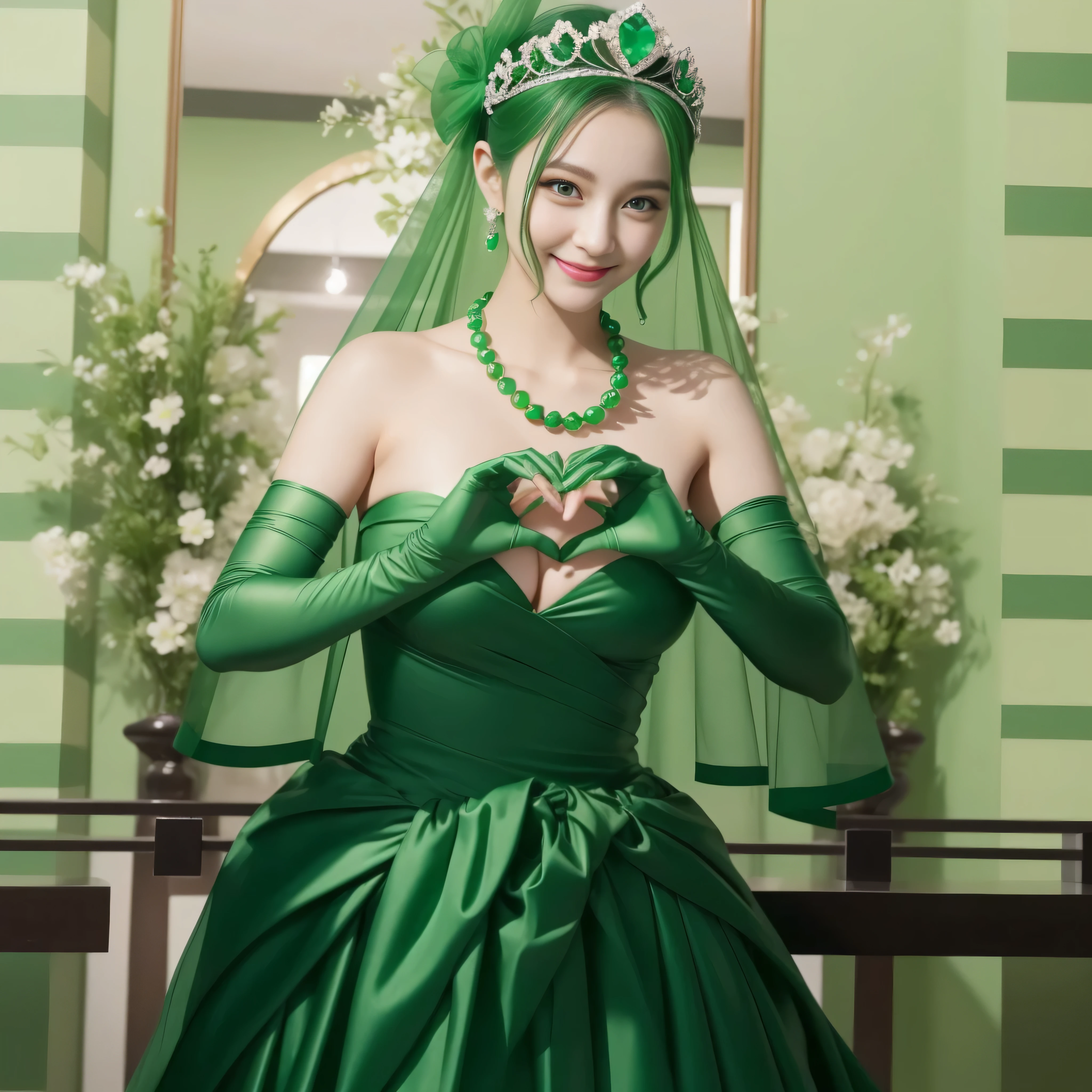 emerald tiara, Green Pearl Necklace, ボーイッシュな非常に短いgreen hair, green lips, smiling Japanese woman, very short hair,  Beautiful woman with big breasts, green eyes, green satin long gloves, green eyes, emerald earrings, Green veil, Heart with both hands, green hair, beautiful japanese woman, heart shaped hands:1.3, green lip gloss