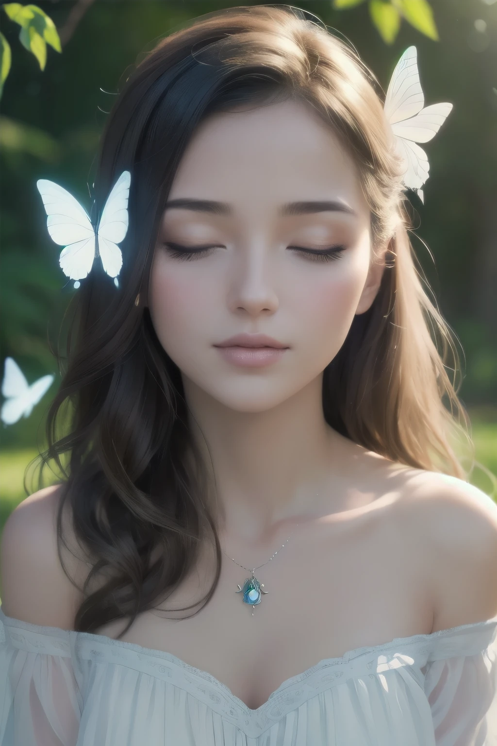 (best quality,4k,8k,highres,masterpiece:1.2),ultra-detailed,(realistic,photorealistic,photo-realistic:1.37),1girl,offshoulder,smile,beautiful detailed eyes,beautiful detailed lips,extremely detailed face,long eyelashe,soft lighting,subtle shadows,vivid colors,immaculate skin,romantic atmosphere,blurred background,dreamy ambiance,whimsical garden setting,playful flowers,gentle breeze,sunlit scene,delicate petals,floating butterflies,magical touches,ethereal glow,magical moment.