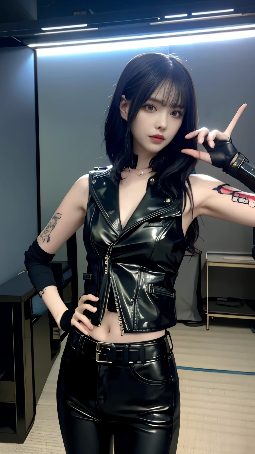 (highest quality)，masterpiece，Super detailed，8K, UHD，Beautiful woman，japanese woman，No expression，whole body，((tattoo))，slim，black leather pants，black leather vest，(female mafia)，gangster，(cyberpunk city)，night，cinematic lightening，underworld