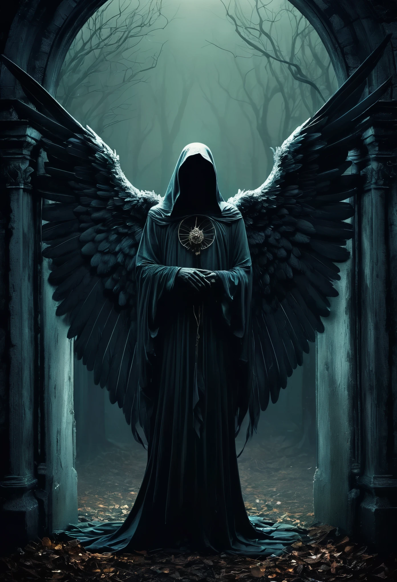 Striking illustration of the Angel of Death., A mysterious and ethereal figure who guards the threshold between life and death.. His presence is enigmatic and powerful...., con alas inmensas que se extienden hacia el horizonte y una mirada penetrante que transmite serenidad y temor. He uses cool tones and deep shadows to emphasize his ethereal nature and his connection to the realm of death......(dark lighting), ( ethereal lighting),(Spectral illumination)