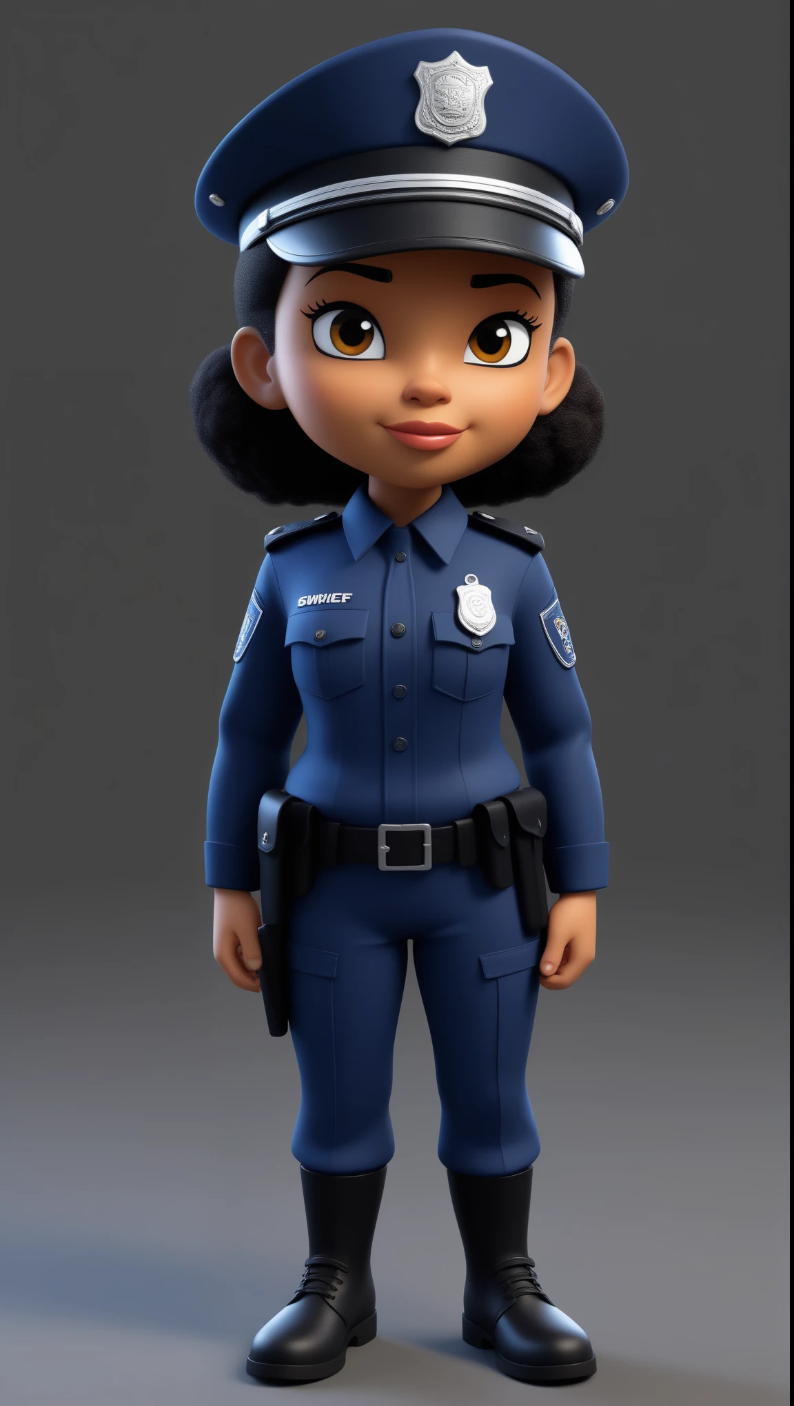 (((Swf:1.7)))  , a very beautiful cartoon 3d, Various poses of a hair-stug character cartoon 3d:1.5 up of a Black-skin woman cartoon character in a police uniform, ((( She wears a black 3D ballistic vest))), character design police man, police Police, character design police Brunette woman, black police girl!!, policeman, policewoman, wearing the police dark blue uniform, dark blue uniform, guard municipal civil police, character posing, cartoon image, civil policeman closeup, 3D character, 3d character, cartoon character, full body mascot, animation character, 3d cartoon, popular em CGStation, HDR 2160, High quality 3d drawing, 16k, 8K, maximum resolution,


