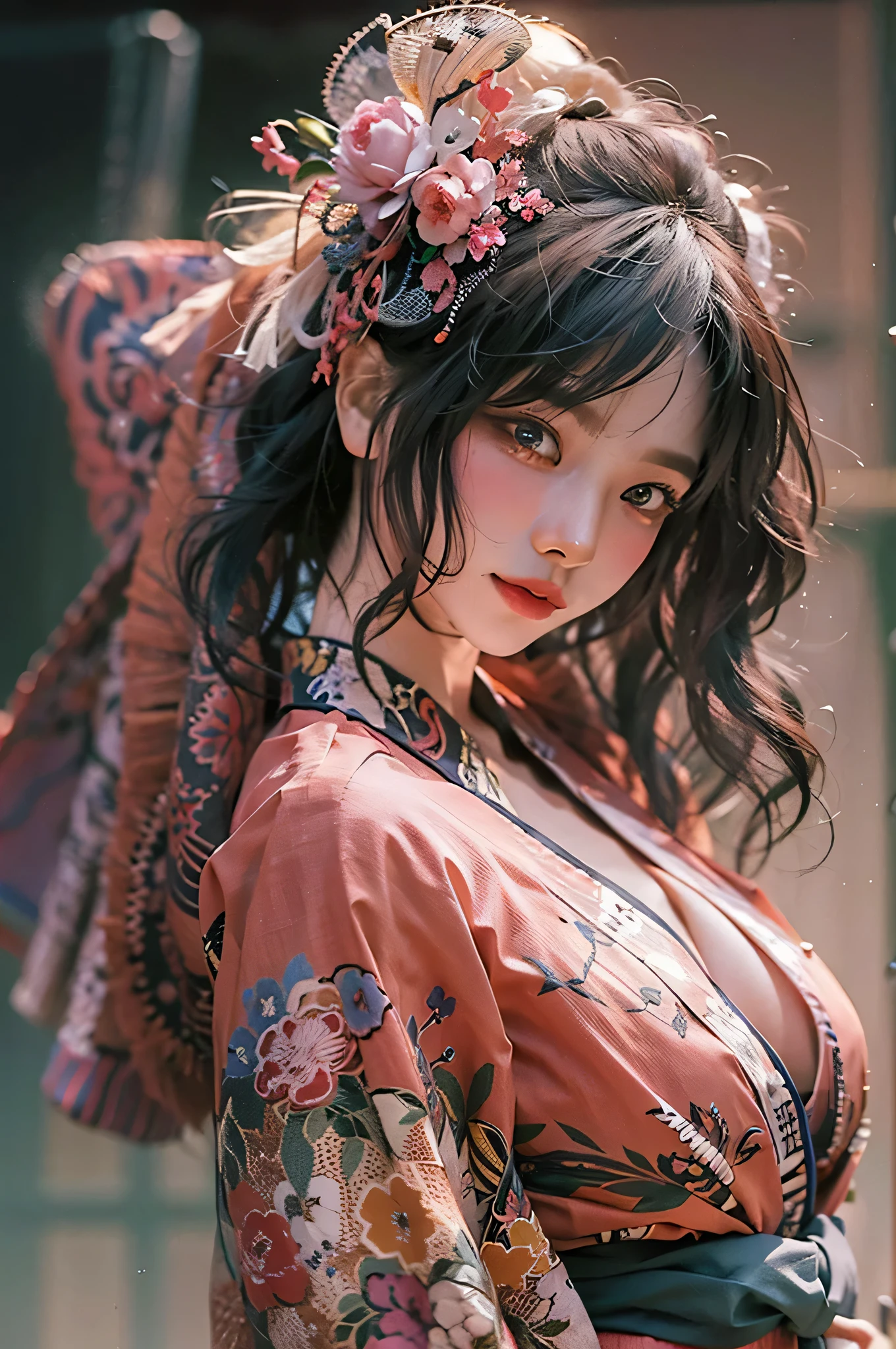 (highest image quality), (masterpiece), (vibrant, photography realistic, Realistic, Dramatic, Dark, Sharp focus, 8K), Close up Face, Highly detailed face and skin texture, sexy pink kimono, ethereal beauty, mature asian woman,black long hair, make up, sexy smile, nsfw ,Close up shot, ((backlight)), holding the gun, secret agent, dinamic pose, realistic, shooting pose