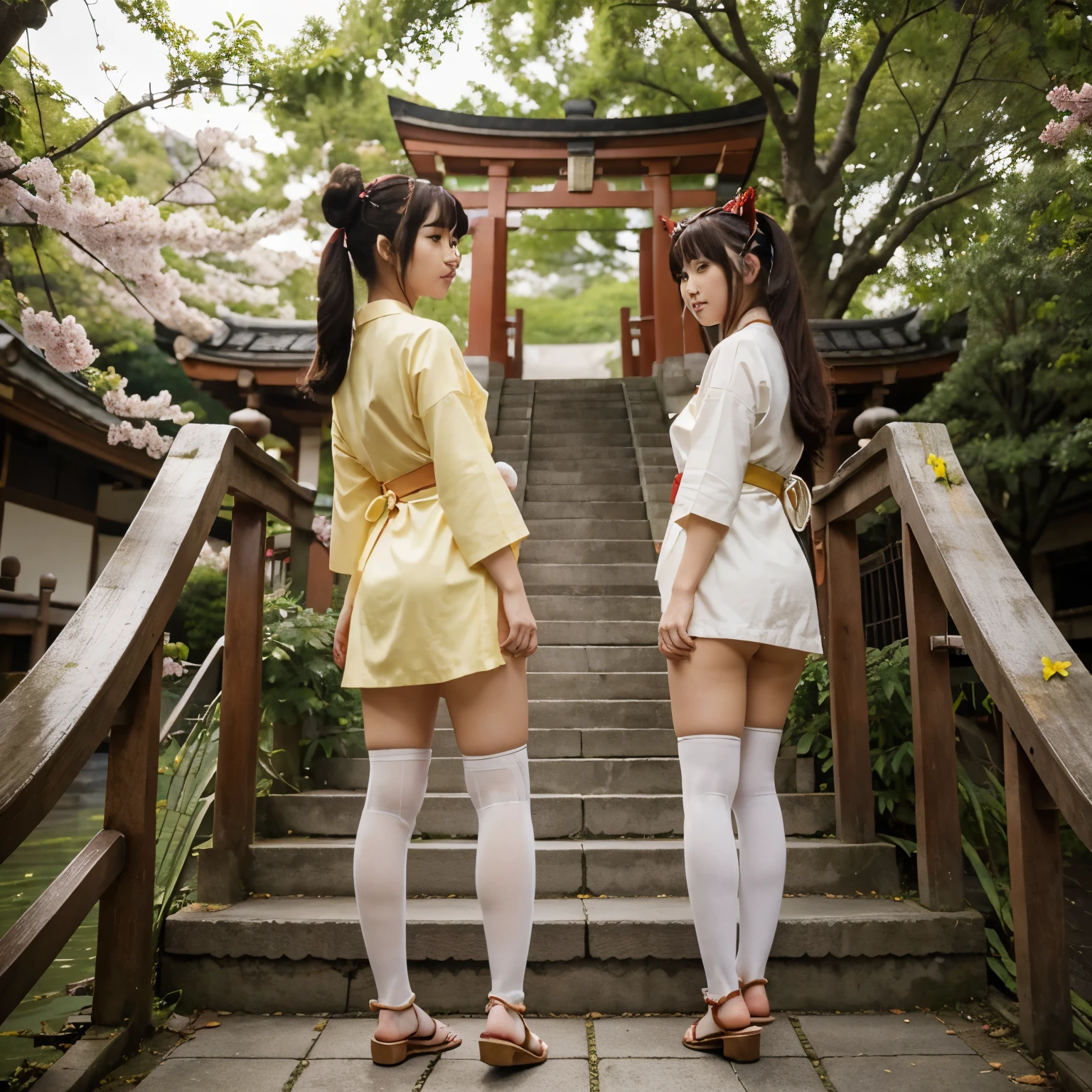 ((masterpiece,best quality)),outdoors, red torii, tree, stairs,, 2girls, miko,miko, looking at viewer, looking back,, red legwear, red ribbon, black hair,cherry blossoms, day, flower, hair bun, hair ribbon, japanese clothes, kimono, long hair, cat ears, small flowerultiple girls, red eyes, red hair, ribbon, sandals, single hair bun, standing,clog sandals,white kimono, yellow eyes,sparkle,thighhighs,