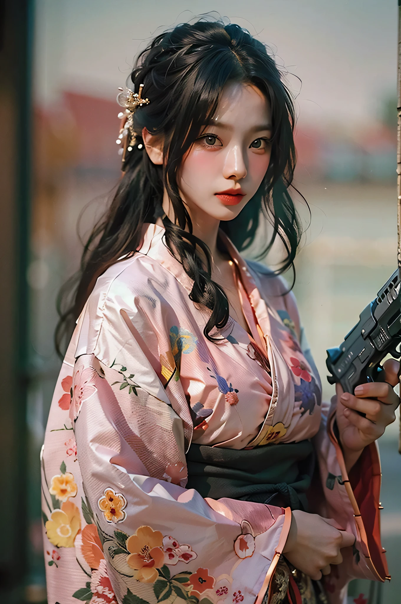(highest image quality), (masterpiece), (vibrant, photography realistic, Realistic, Dramatic, Dark, Sharp focus, 8K), Close up Face, Highly detailed face and skin texture, sexy pink kimono, ethereal beauty, mature asian woman,black long hair, make up, sexy smile, nsfw ,Close up shot, ((backlight)), holding the gun, secret agent, dinamic pose, realistic, shooting pose