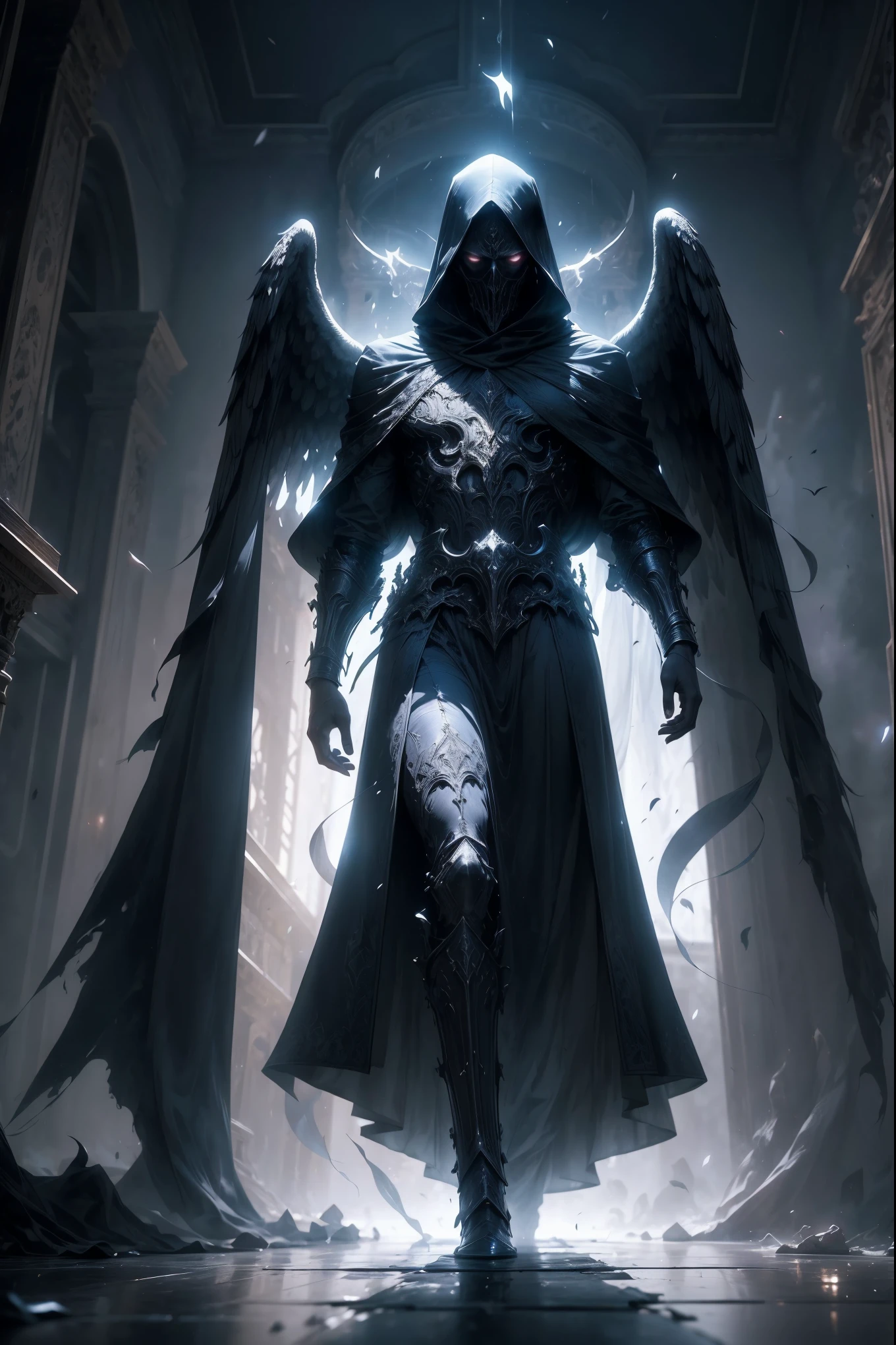 Striking illustration of the Angel of Death., A mysterious and ethereal figure who guards the threshold between life and death.. His presence is enigmatic and powerful...., con alas inmensas que se extienden hacia el horizonte y una mirada penetrante que transmite serenidad y temor. He uses cool tones and deep shadows to emphasize his ethereal nature and his connection to the realm of death......(dark lighting), ( ethereal lighting),(Spectral illumination)