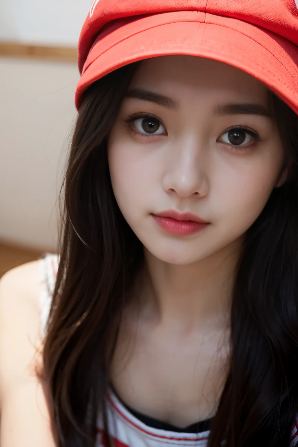 ((Show only the face、close up of face))、(tanktop wear、lie down on the chair、indoor、baseball hat、(bright room)、cute japanese woman、17 years old、high school girl、young girl、warm, beautiful detailed eyes double eyelid, translucent skin, detail perfect nose, thin sweet lips