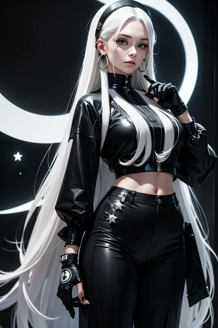 woman with long white hair , wear a black and white  cool looking outfit with pants  , moons and star pattern  , hoop earring ,  with fingers gloves 
