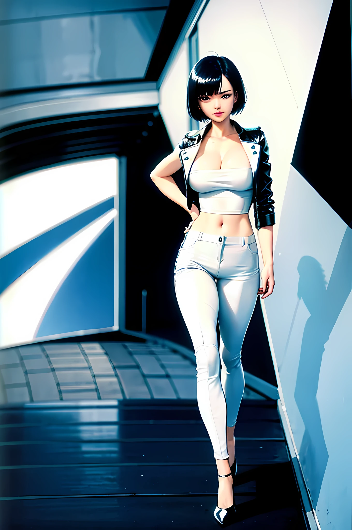 1 garota, cabelo preto curto, olhos azuis, vestindo camisa branca e jaqueta de couro, latex long pants, cidade, absurdos, high resolution, ultra-afiado, 8K, obra de arte, walking towards the viewer