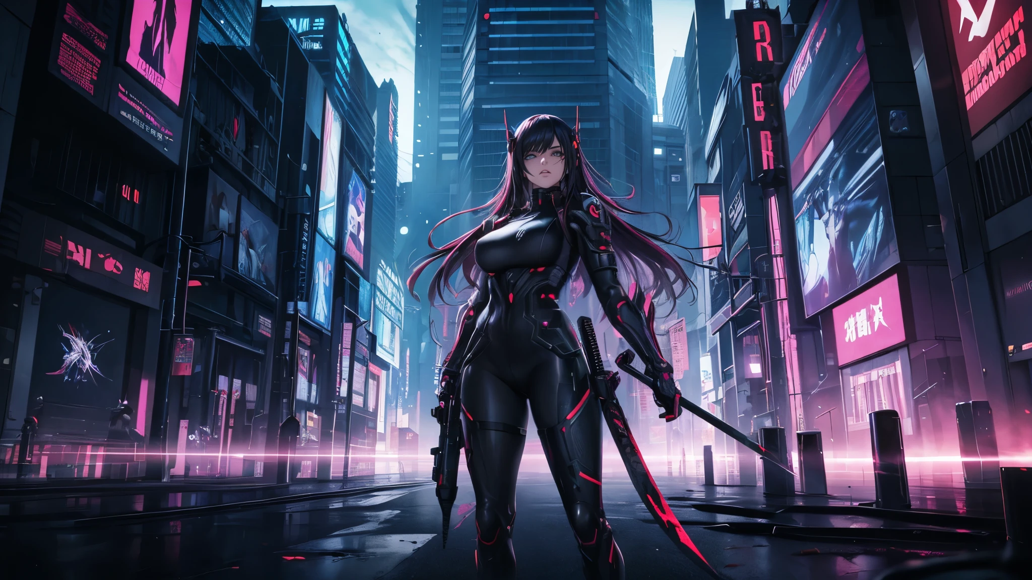"Within the neon-drenched expanse of a demon-ridden cyberpunk metropolis, our unyielding female protagonist emerges as a beacon of resistance. Clad in sleek cybernetic armor adorned with intricate anime-inspired designs, she brandishes a katana stained with the blood of her demonic foes. The air is charged with a palpable blend of futuristic technology and occult symbols, echoing the uneasy alliance of the digital and supernatural realms. Against the backdrop of towering megastructures and flickering holographic billboards, our heroine maneuvers through a virtual labyrinth infested with malicious entities. Cascading lines of code and ethereal digital demons seamlessly intertwine with the visceral reality of blood splatters and battle scars on her high-tech armor. The protagonist's resolute gaze pierces through the chaos, as she grapples with both the tangible and virtual manifestations of her adversaries. Augmented reality overlays the scene, projecting a surreal blend of demonic creatures and cybernetic enhancements, blurring the line between the organic and the artificial. In this cyberpunk dark fantasy, the recurring motif of blood takes on a multifaceted role, symbolizing not only the physical toll of her struggles but also the ever-present threat lurking in the interconnected realms. The illustration invites viewers to explore the intricate interplay of supernatural and technological elements, creating a captivating fusion that defines the essence of this dystopian future." ,