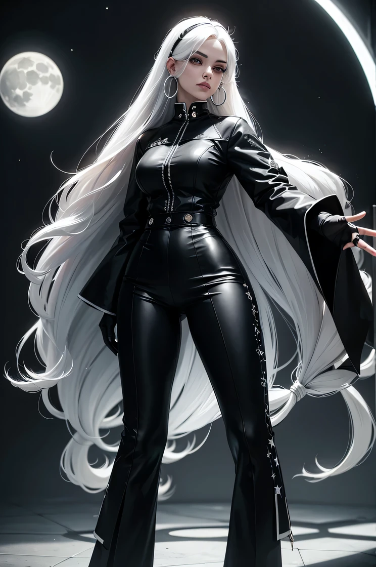 woman with long white hair , wear a black and white  cool looking outfit with pants  , moons and star pattern  , hoop earring ,  with fingers gloves 