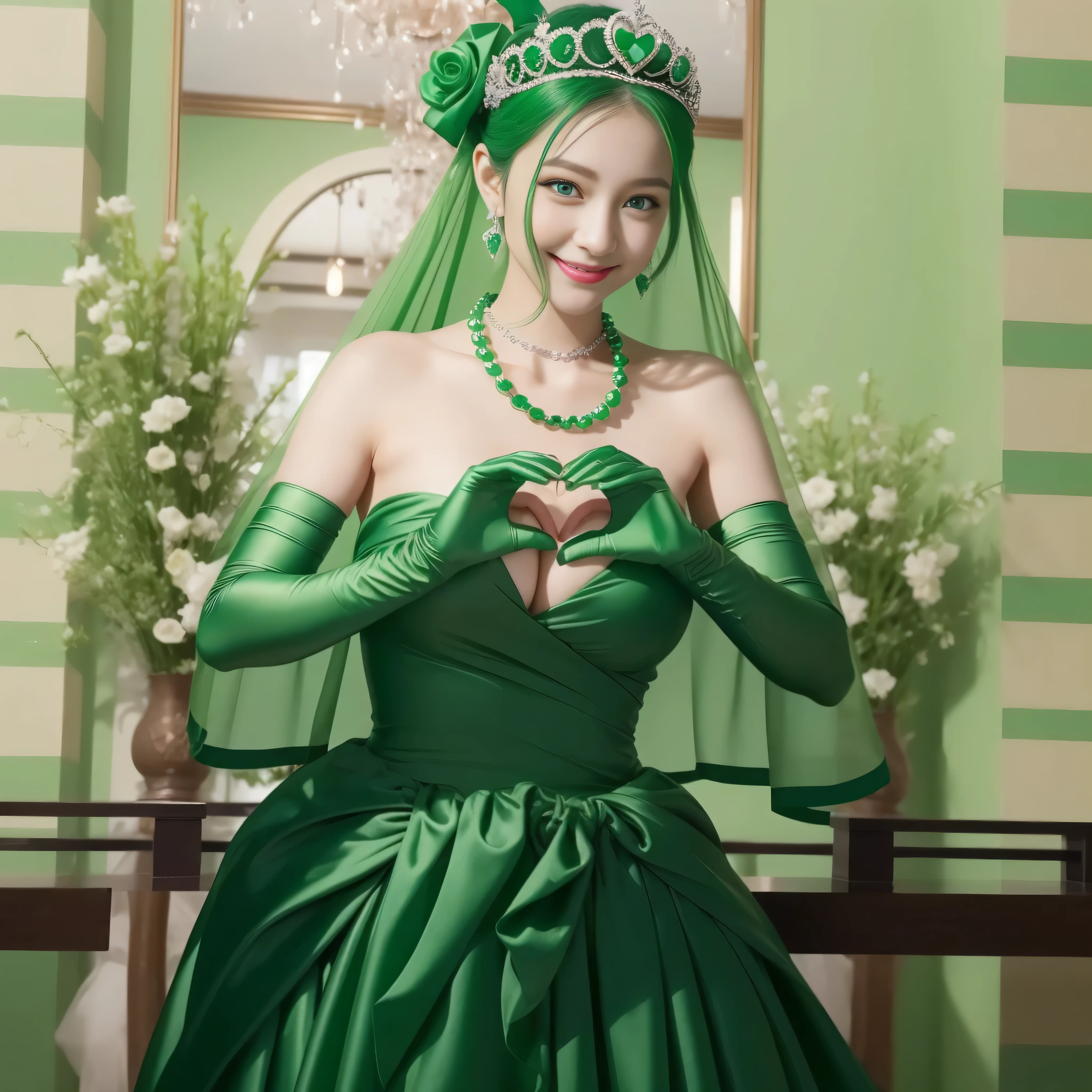emerald tiara, Green Pearl Necklace, ボーイッシュな非常に短いgreen hair, green lips, smiling Japanese woman, very short hair, Beautiful woman with big breasts, green eyes, green satin long gloves, green eyes, emerald earrings, Green veil, Heart with both hands, green hair, beautiful japanese woman, heart shaped hands:1.3, green lip gloss