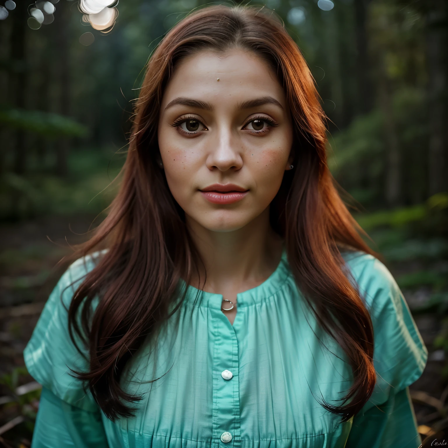 pele clara, mulher com cerca de 19 anos, cabelos pretos naturais, olhos castanhos claros distintos, usando kohl, esguio e gracioso, lindo, by moonlight in a forest setting, Ultra Sharp Focus, foto realista, roupas femininas medievais, tetradic colors (cicatriz:1.4)