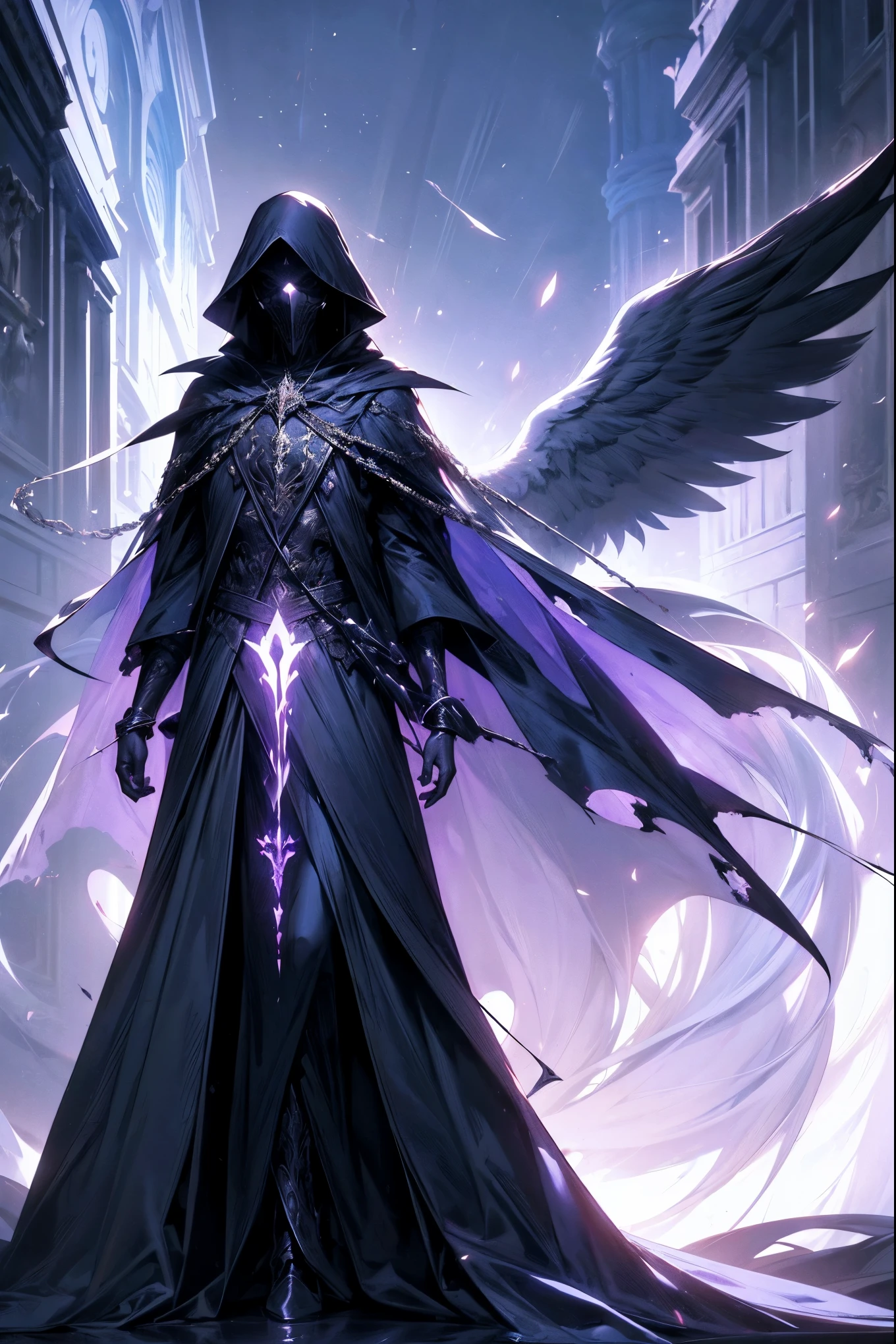 Striking illustration of the Angel of Death., A mysterious and ethereal figure who guards the threshold between life and death.. His presence is enigmatic and powerful...., con alas inmensas que se extienden hacia el horizonte y una mirada penetrante que transmite serenidad y temor. He uses cool tones and deep shadows to emphasize his ethereal nature and his connection to the realm of death......(dark lighting), ( ethereal lighting),(Spectral illumination)