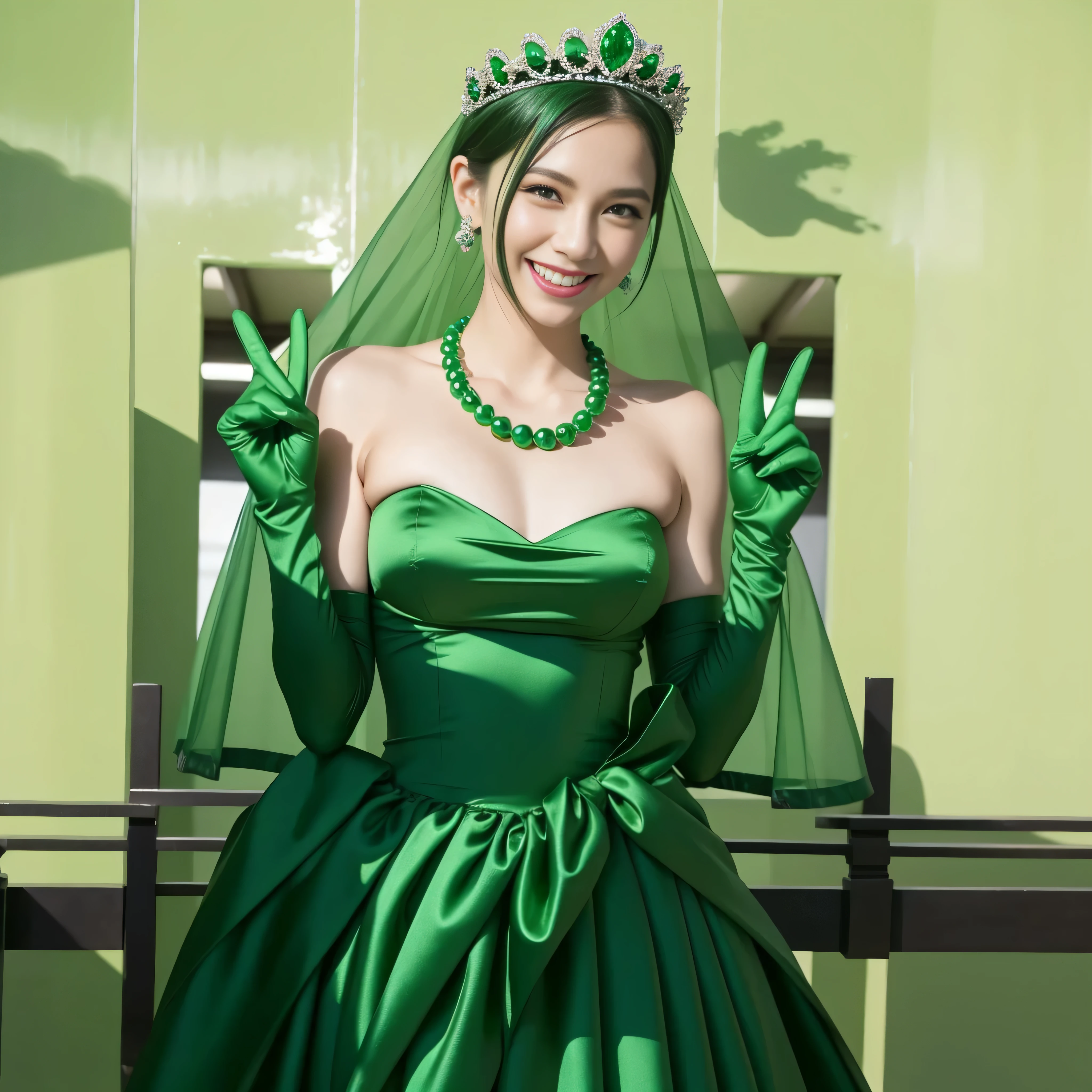 emerald tiara, Green Pearl Necklace, Boyish green berry short hair, lipstick, Smiling Japan woman, very short hair, big breasts beautiful, green eyes, Green long gloves made of satin material, green eyes, v sign, emerald earrings, Green Valley
