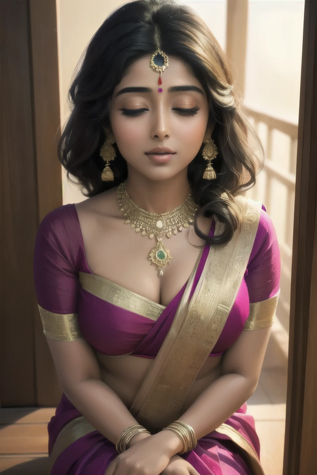 (((((((A)))))))half body of confident-looking Bangladesh woman, (masterpiece, best quality:1.2), ((((((solo)))))), ((((((1girl)))))), ((looking at camera)), hazel eyes, a smile on the face, royal and lusty look, standing posing like a professional model for a photoshoot, (((Huge Boobs))), perfect composition and light, hyper realistic skin texture, super background decorations detailed, 8k, high quality, trending art, trending on art station, photo, intricate details, highly detailed, ((((Cropped Breast Wear)))), (((Flower Canopy background)))), (((wearing a bright colour Saree with designs and patterns with sleeves))), (((((big sexy body shape))))), (((Flower Canopy background behind her))), (((Portrait Fashion Photo))), hair bobbles, wince, solid circle eyes, light smile, ear blush, fang, ccurate, makeup, hairband, (double bun hair style), Surrealism, drop shadow, anaglyph, stereogram, tachi-e, pov, atmospheric perspective, glowing light, backlighting, ray tracing, image fill, anaglyph, stereogram, scanlines, speed lines, silhouette, vignetting, 8k, super detail, best quality