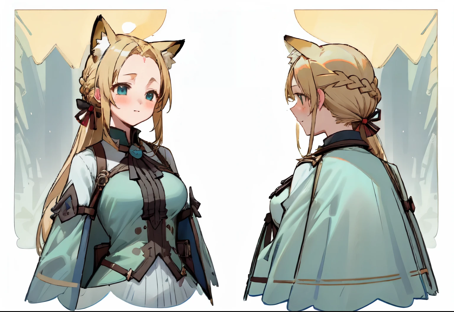 masterpiece: 1.6, highest quality: 1.4, live video: 1.2, intricate details: 1.2, ++, 1 girl, alone, ((blonde)), long hair, french braid, single ~ sidelock, Forehead: 1.5, fox ears, deep blue eyes, bright eyes, big breasts, green adventurer clothes, light clothing, pochette, ++, full body shot, multiple views, front, return: 1.6, ~ side, Performance, ((Character setting material collection, Same character in different poses, character reversal, multiple views)), (transparent returnground, gray returnground:1.2), arms behind return, Upper body, portrait, Happy, Are crying, cold, neutral