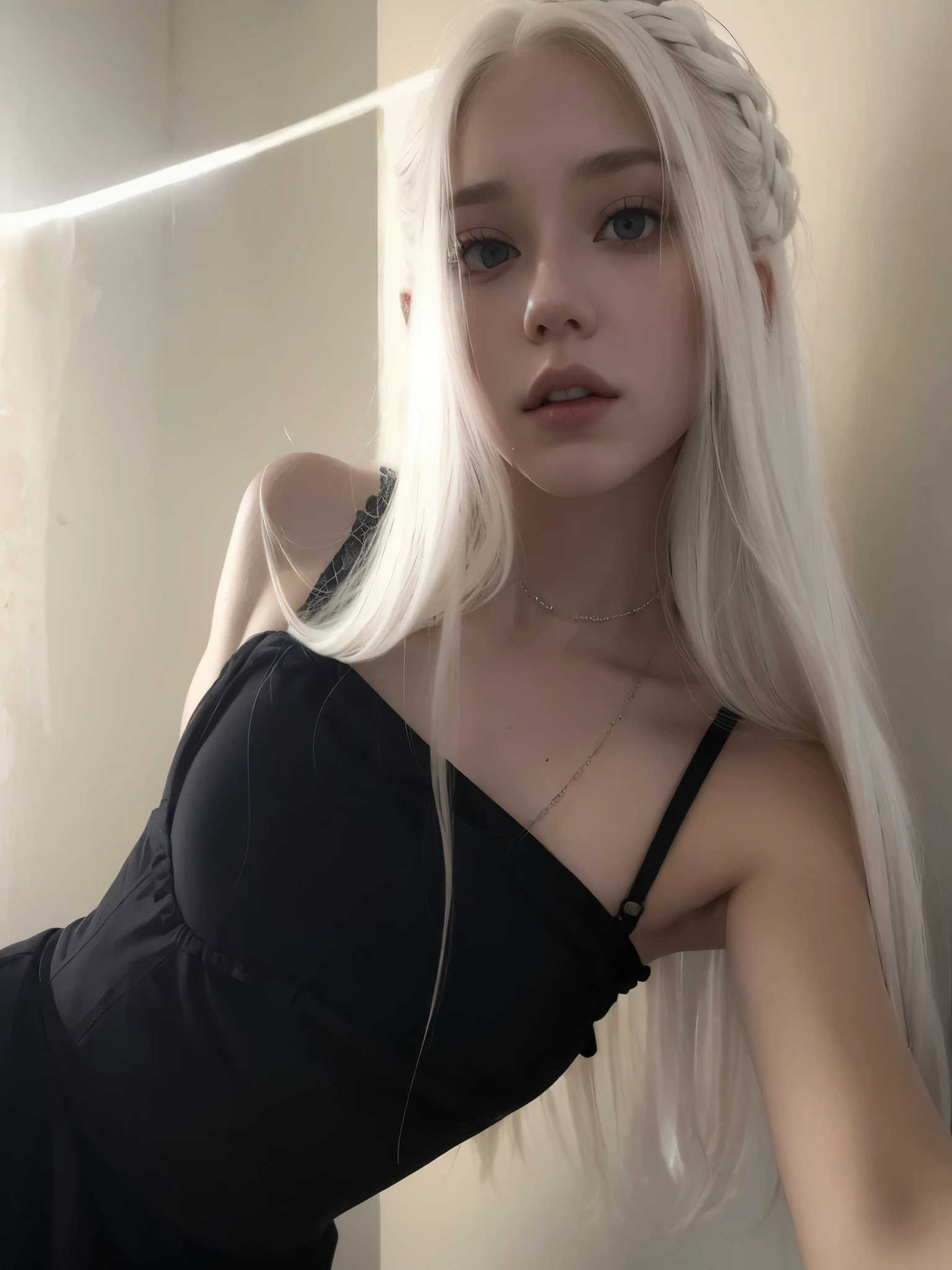 un primer plano de una mujer con pelo largo y blanco posando para una foto, Chica de pelo blanco perfecta, con el pelo largo y blanco, con pelo largo y blanco, chica con pelo blanco, pale porcelain white skin, con pelo largo y rubio, su cabello es blanco, pale milky white porcelain skin, en vestido, chica anime en la vida real, pale, piel brillante, pale gothic beauty