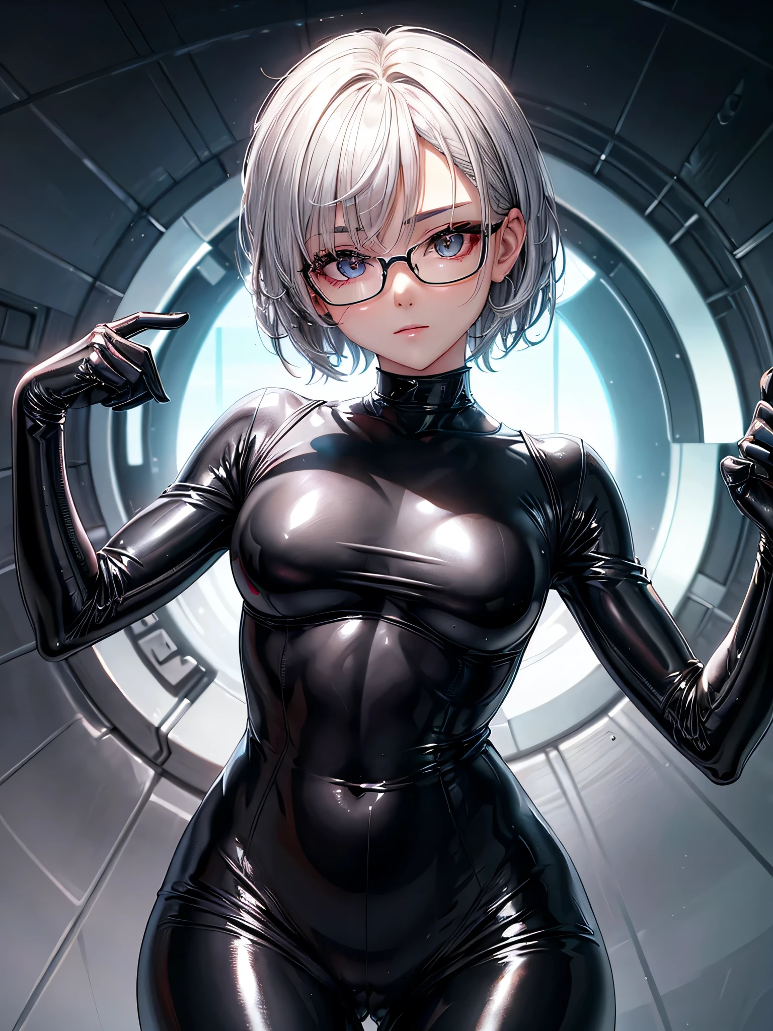 Top quality 8K UHD、short hair、pieces fly、cute eyes、silver hair、glasses uskul、Musculoskeletal system々、Upper body、Full body gloss、Beautiful woman wearing a full-body black metallic suit、A black rubber suit that hides your lustrous skin