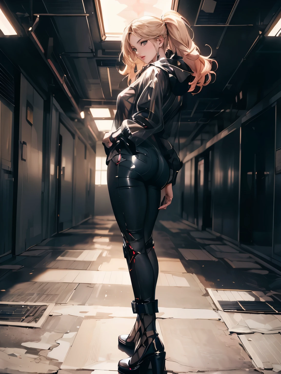 (masterpiece, best quality, photorealistic, ultra-detailed:1.2), perfect body, large breasts, wide hips, big gorgeous eyes, luscious full lips, smile, parted lips, dangerous allure, (fashion by burberry, see through, transparent clothing:1.2), metro city, anime realism by artgerm and ayami kojima and donato giancola