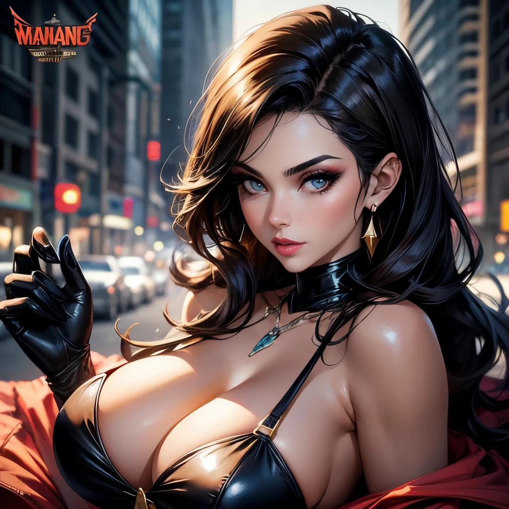 stunningly beautiful woman, a digital painting of a busty woman in a black dress, retro pulp noir comic cover, sexy girl with dark brown hair, in the art style of Artgerm, mafia, marvel comic book characters, award-winning artwork, the smooth black lioness, beautiful rendering, widow maker, wasp chiaroscuro , ray tracing, flirty, alluring, glam makeup,