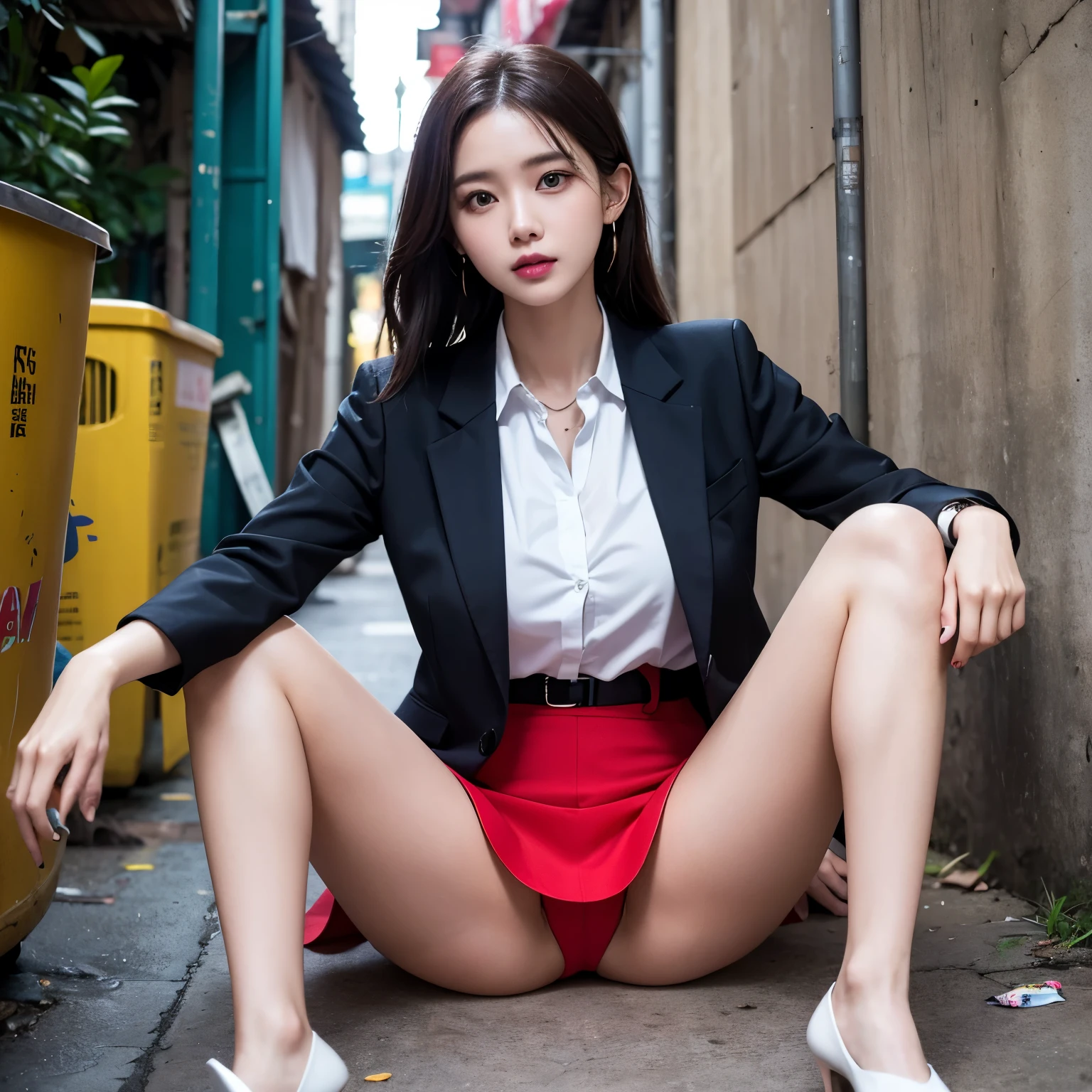 beautiful woman，elegant korean model，Ulzzang hair，Ulzzang makeup，double eyelids，Big eyes，flashy makeup，semi-long，black hair，business woman，high class female secretary，night，outdoors，darkness，slum，Slum Street，真night中の暗い路地裏，Narrow back alley，Between Buildings，Back alley of slum entertainment district，There is a lot of garbage on the street，There are rats and cockroaches，Empty cans are falling，Filth is falling，dirty and damp ground，A bunch of tramps are behind me，Garbage dump，wet ground，真night中のスラムの路地裏，真night中，Elegant black wool business suit，black wool jacket，white collared shirt，amazing big breasts，big breasts，sexy cleavage，Tight skirt made of elegant black wool fabric，barefoot，sexy legs，sexy thighs，Leather Pumps，long legs，sitting in the trash can，汚いsitting in the trash can，金属製のsitting in the trash can，sitting with legs apart，legs wide open，Opening her legs and showing her shorts，showing red shorts，Panty shot，looking at the camera，facing forward，facing this way，