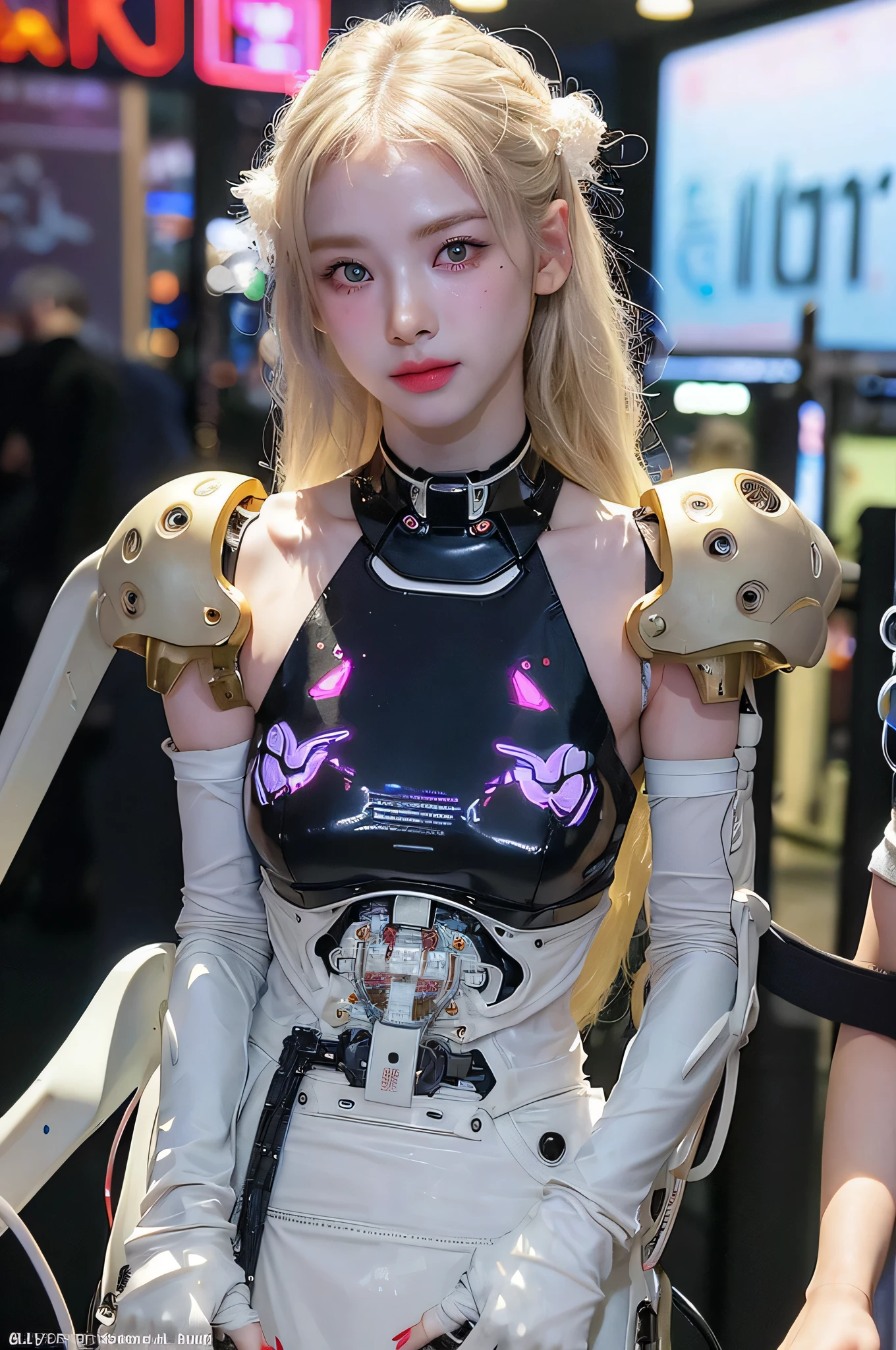 Top Quality, Masterpiece, Ultra High Resolution, (Photorealistic: 1.4), Raw Photo, 1 Girl, Blonde Hair, Glossy Skin, 1 Mechanical Girl, (Ultra Realistic Detail)), Portrait, Global Illumination, Shadows, Octane Rendering, 8K, Ultra Sharp, Big, Cleavage Exposed Raw Skin, Metal, Intricate Ornament Details, Korea Details, Very intricate details, realistic light, CGSoation trend, purple eyes, glowing eyes, facing the camera, neon details, mechanical limbs, blood vessels connected to the tube, mechanical vertebrae attached to the back, mechanical cervical attachment to the neck, sitting, wires and cables connecting to the head, gundam, small LED lamps, pet viewers