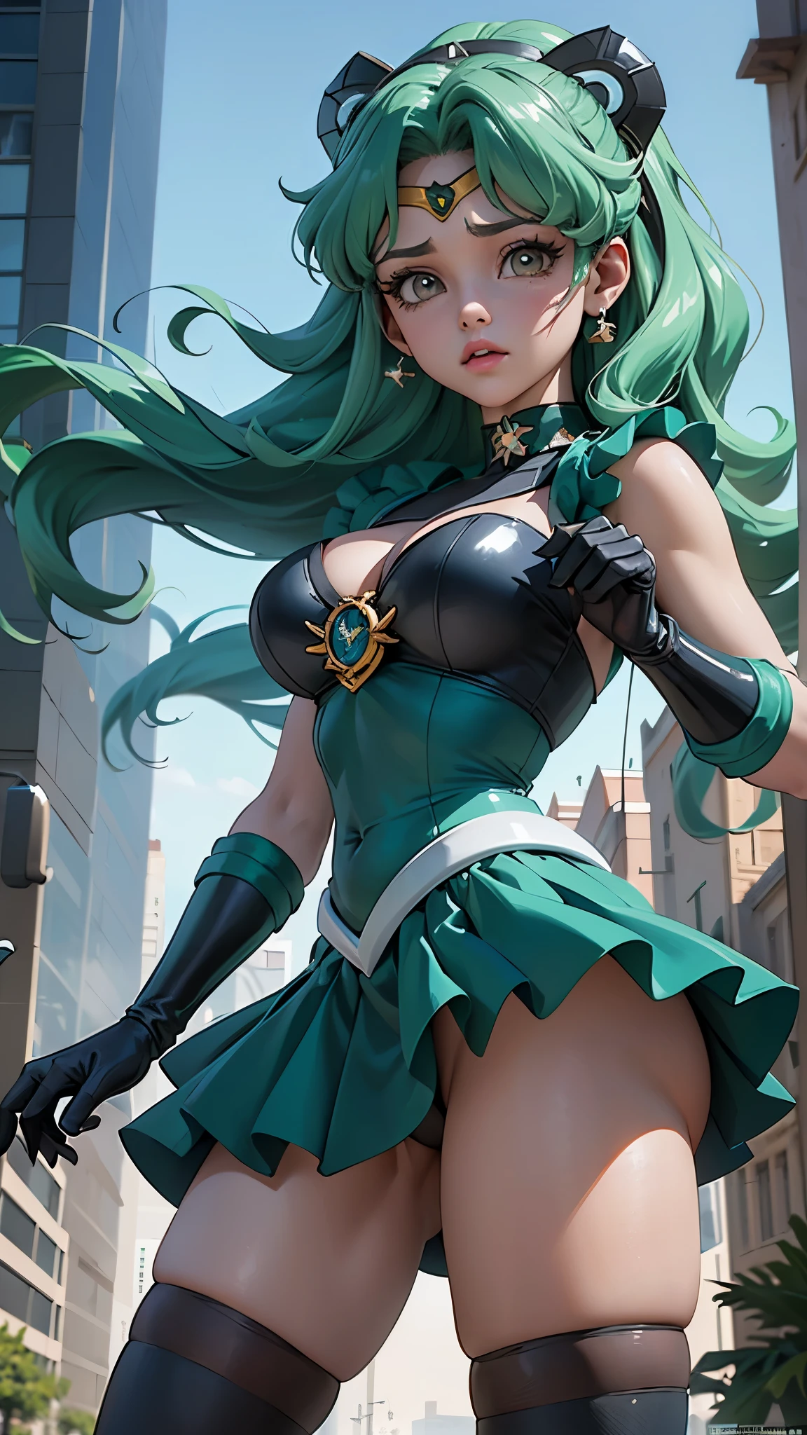(La mejor calidad,A high resolution,Ultra - detallado,actual),Ariana Grande (Uniformes de marineras senshi:1.4), cabello verde oscuro, cabello mediano, Falda suplicante, (Guantes blancos de codo:1.1), joya, pecho mediano, dynamic background, dynamic posture,More detailed 8K.motor irreal:1.4,HD,La mejor calidad:1.4, fotorrealista:1.4, textura de la piel:1.4, obra maestra:1.8,obra maestra, mejor calidad,objeto Objeto], (rasgos faciales detallados:1.3),(dedos detailed :1.4 ),(Apocalyptic city destroyed:1.7), gargantilla, (Guante Blanco:1.4), gargantilla verde, Arboledas de codos, joya,(fondo atardecer:1.4),(Marinero Neptuno:1.4),(pose vaquero :1.4), (ojos hermosos verdes :1.4), ,( ciberpunk 2.1), (estilo kawaii :1.4) 