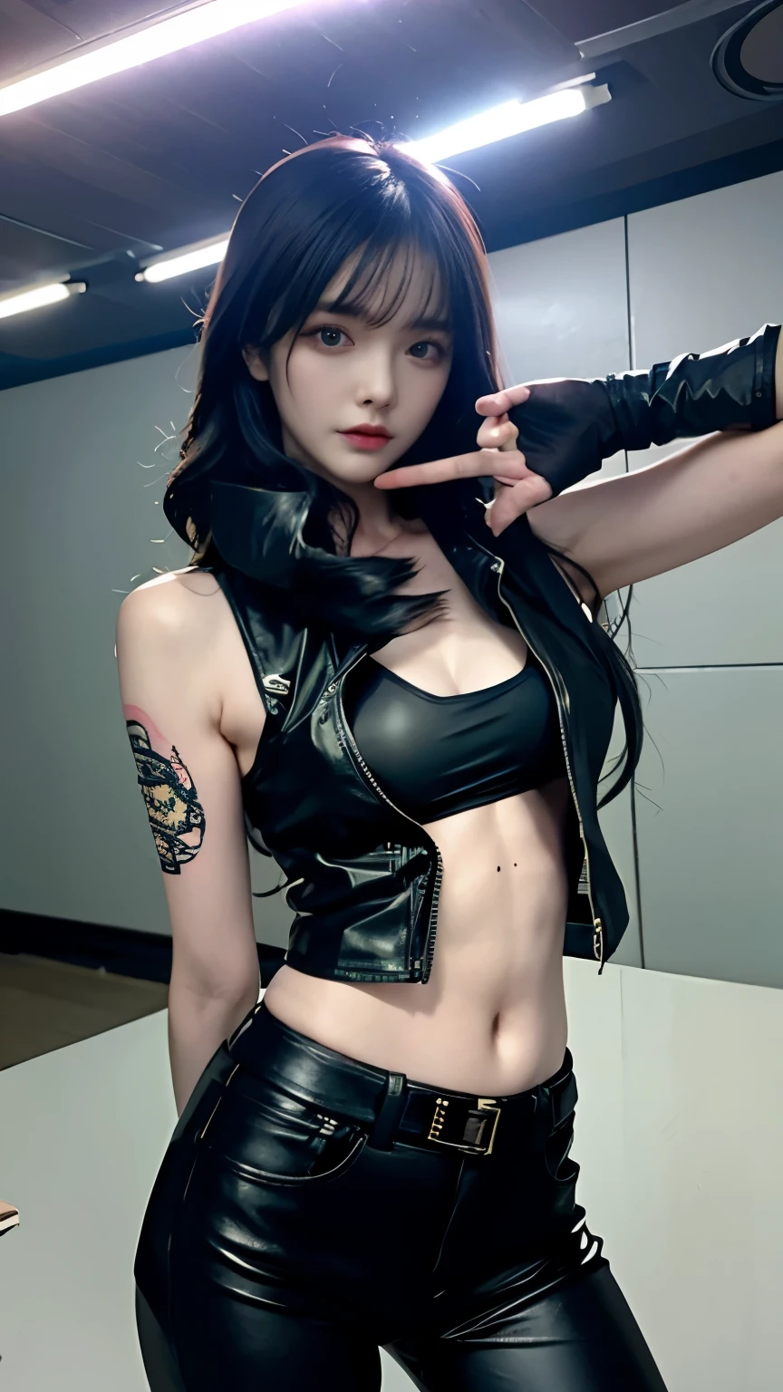 (highest quality)，masterpiece，Super detailed，8K, UHD，Beautiful woman，japanese woman，No expression，whole body，((tattoo))，slim，black leather pants，black leather vest，(female mafia)，gangster，(cyberpunk city)，night，cinematic lightening，underworld