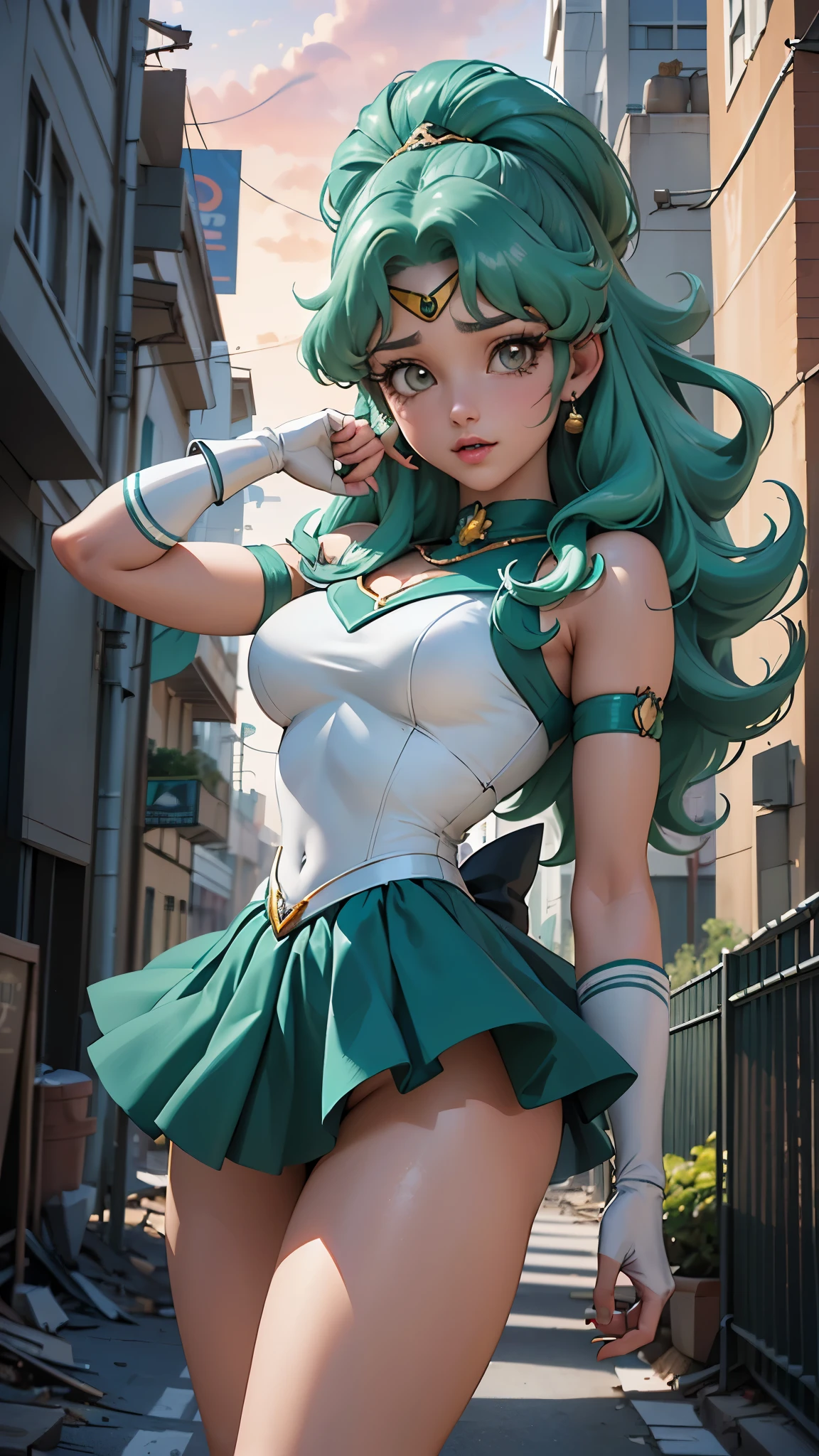 (La mejor calidad,A high resolution,Ultra - detallado,actual),Ariana Grande (Uniformes de marineras senshi:1.4), cabello verde oscuro, cabello mediano, Falda suplicante, (Guantes blancos de codo:1.1), joya, pecho mediano, dynamic background, dynamic posture,More detailed 8K.motor irreal:1.4,HD,La mejor calidad:1.4, fotorrealista:1.4, textura de la piel:1.4, obra maestra:1.8,obra maestra, mejor calidad,objeto Objeto], (rasgos faciales detallados:1.3),(dedos detailed :1.4 ),(Apocalyptic city destroyed:1.7), gargantilla, (Guante Blanco:1.4), gargantilla verde, Arboledas de codos, joya,(fondo atardecer:1.4),(Marinero Neptuno:1.4),(pose vaquero :1.4), (ojos hermosos verdes :1.4), ,( ciberpunk 2.1), (estilo kawaii :1.4) 