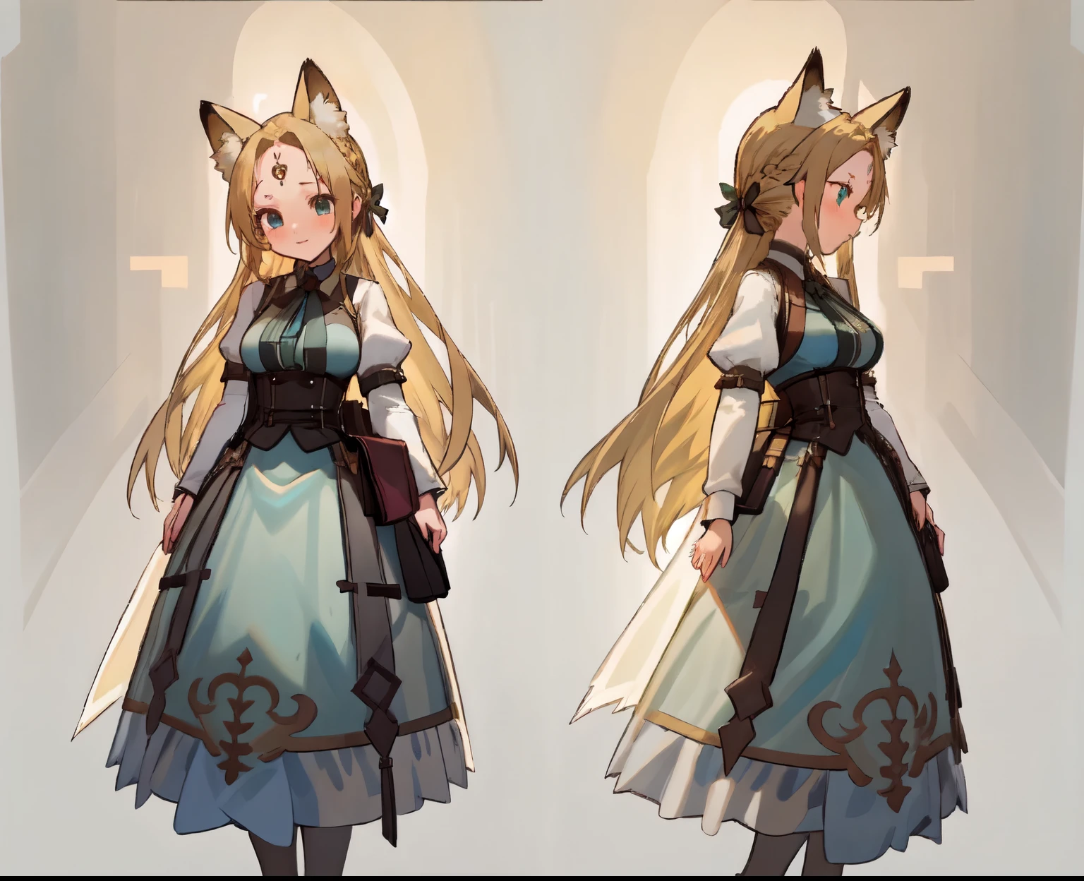 masterpiece: 1.6, highest quality: 1.4, live video: 1.2, intricate details: 1.2, ++, 1 girl, alone, ((blonde)), long hair, french braid, single ~ sidelock, Forehead: 1.5, fox ears, deep blue eyes, bright eyes, big breasts, green adventurer clothes, light clothing, pochette, ++, full body shot, multiple views, front, return: 1.6, ~ side, Performance, ((Character setting material collection, Same character in different poses, character reversal, multiple views)), (transparent returnground, gray returnground:1.2), arms behind return, Upper body, portrait, Happy, Are crying, cold, neutral