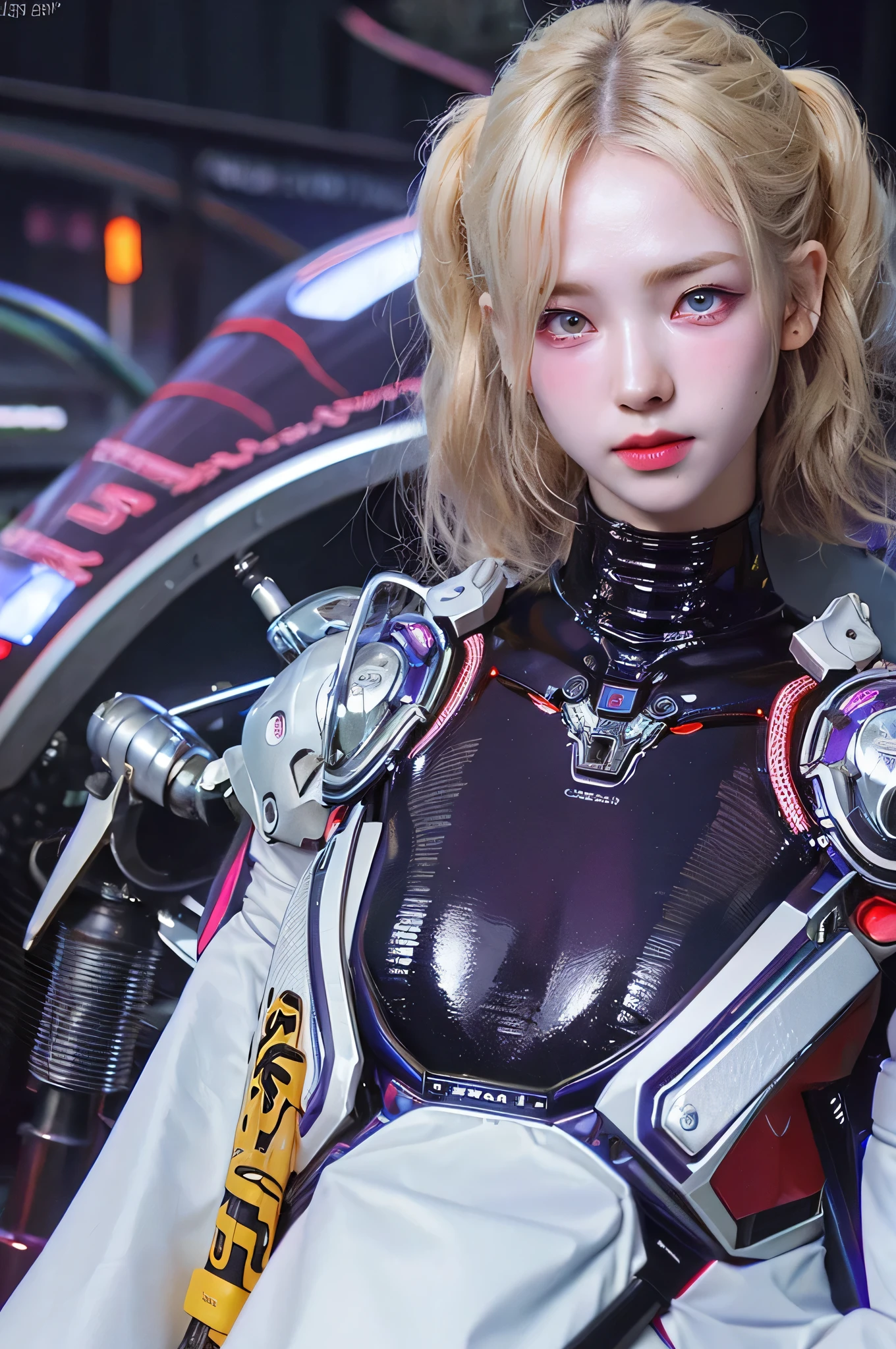 Top Quality, Masterpiece, Ultra High Resolution, (Photorealistic: 1.4), Raw Photo, 1 Girl, Blonde Hair, Glossy Skin, 1 Mechanical Girl, (Ultra Realistic Detail)), Portrait, Global Illumination, Shadows, Octane Rendering, 8K, Ultra Sharp, Big, Cleavage Exposed Raw Skin, Metal, Intricate Ornament Details, Korea Details, Very intricate details, realistic light, CGSoation trend, purple eyes, glowing eyes, facing the camera, neon details, mechanical limbs, blood vessels connected to the tube, mechanical vertebrae attached to the back, mechanical cervical attachment to the neck, sitting, wires and cables connecting to the head, gundam, small LED lamps,