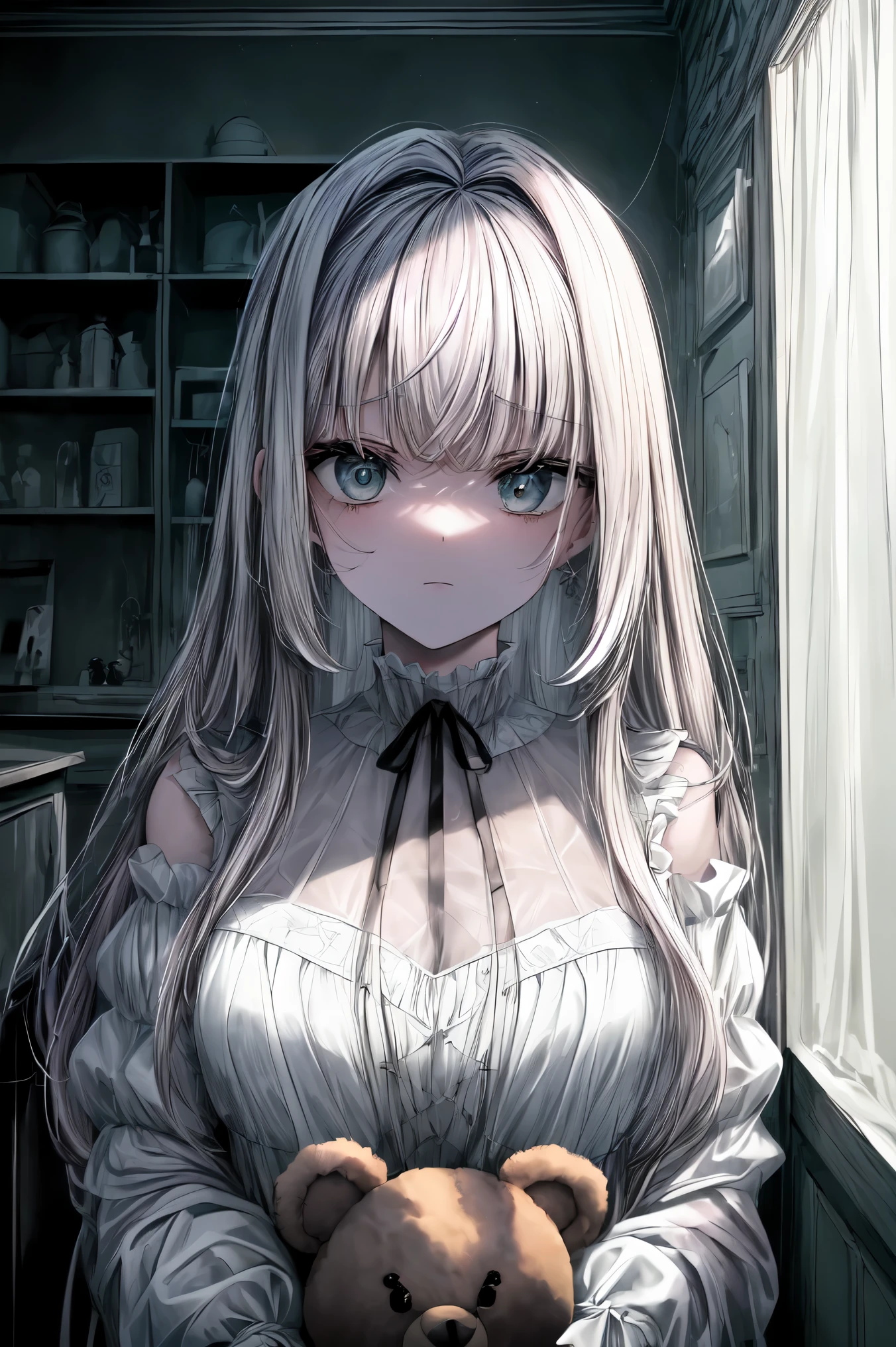 (alta qualidade) (4k) (melhor qualidade) 1girl, cabelos vor-de-rosa (vaqueiro_injection:1.2), foco facial, cabelos longos, franja Fechaduras laterais, assustado,(apavorado:1.1) expression, holding teddy bear, Atmospheric Illumination, Moody, darkeness, em um antigo museu abandonado, vitrines de vidro transparente cheias de objetos interessantes, poeirento, post-apocalypse, Cobwebs, soberbo, Papel de parede 8k bonito, extremamente detalhado, intrincado