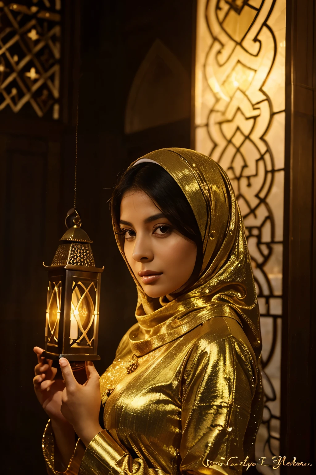 An image of the name Salma Hamdy written in elegant handwriting and large letters highlighting the name in golden color. The background is a beautiful Muslim woman looking confidently, holding a lantern surrounded by Islamic decorations, charming aesthetic elements with a three-dimensional effect.