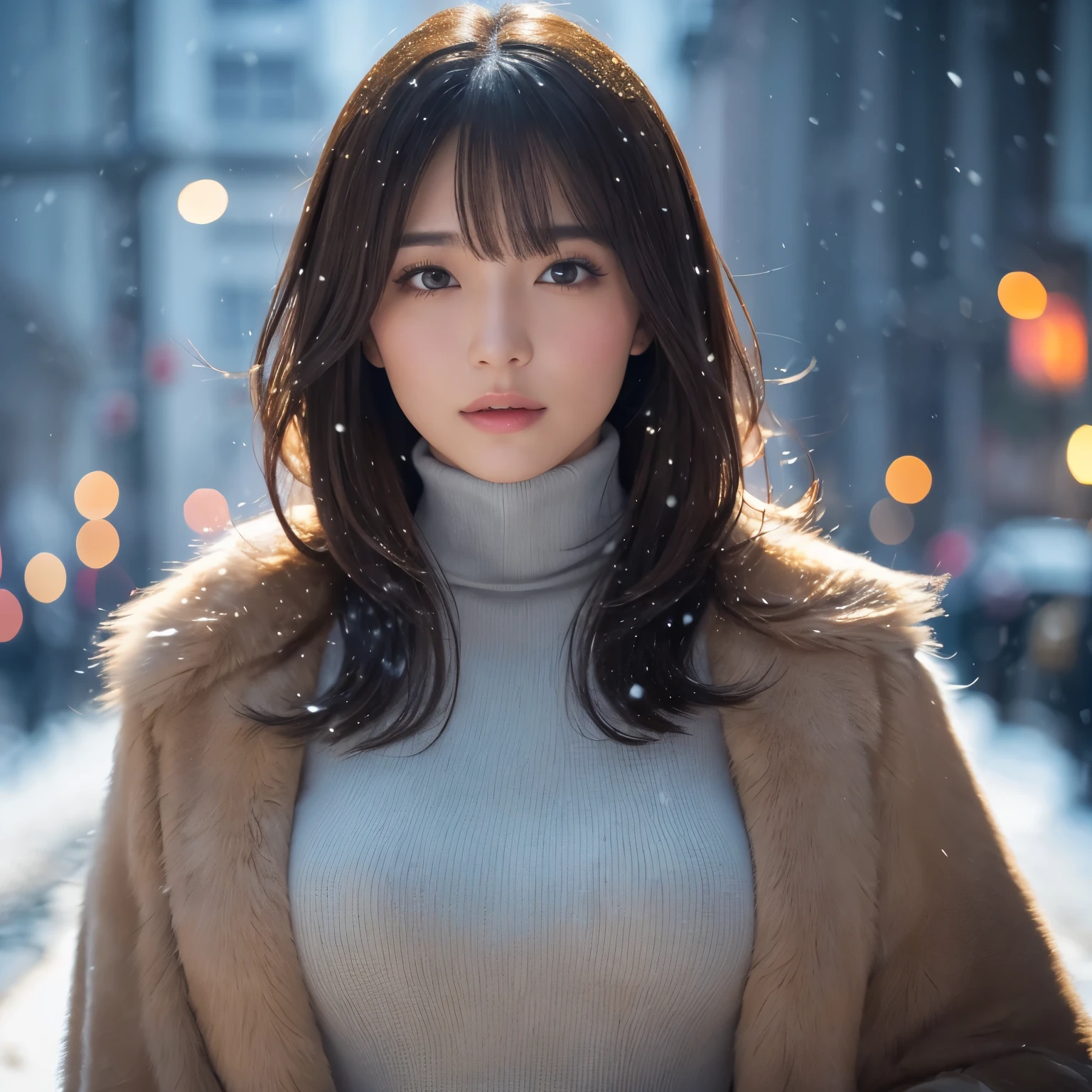 (table top、highest quality、8k、Award-winning work、ultra high resolution)、one beautiful woman、(Elegant thick fur coat made with a large amount of fur:1.2)、Exactly、brown hair、blonde、big cleavage、Very long wavy hair、epic movie lighting、(romantic love feelings:1.1)、(The most romantic and moody atmosphere:1.1)、winter、snow scene、It&#39;s snowing、(Walking through the snowy streets of Norway:1.2)、look at me、(Big breasts that are about to burst:1.1)、(Most emphasize the body line:1.1)、very long hair、blurred background、accurate anatomy、ultra high definition hair、ultra high resolutionの完璧な美しい歯、Ultra high definition beauty face、ultra high definition hair、Super high-definition sparkling eyes、輝くultra high resolutionの美肌、ultra high resolutionの艶やかな唇、(close up of face:1.3)、(face covered in semen:1.5)