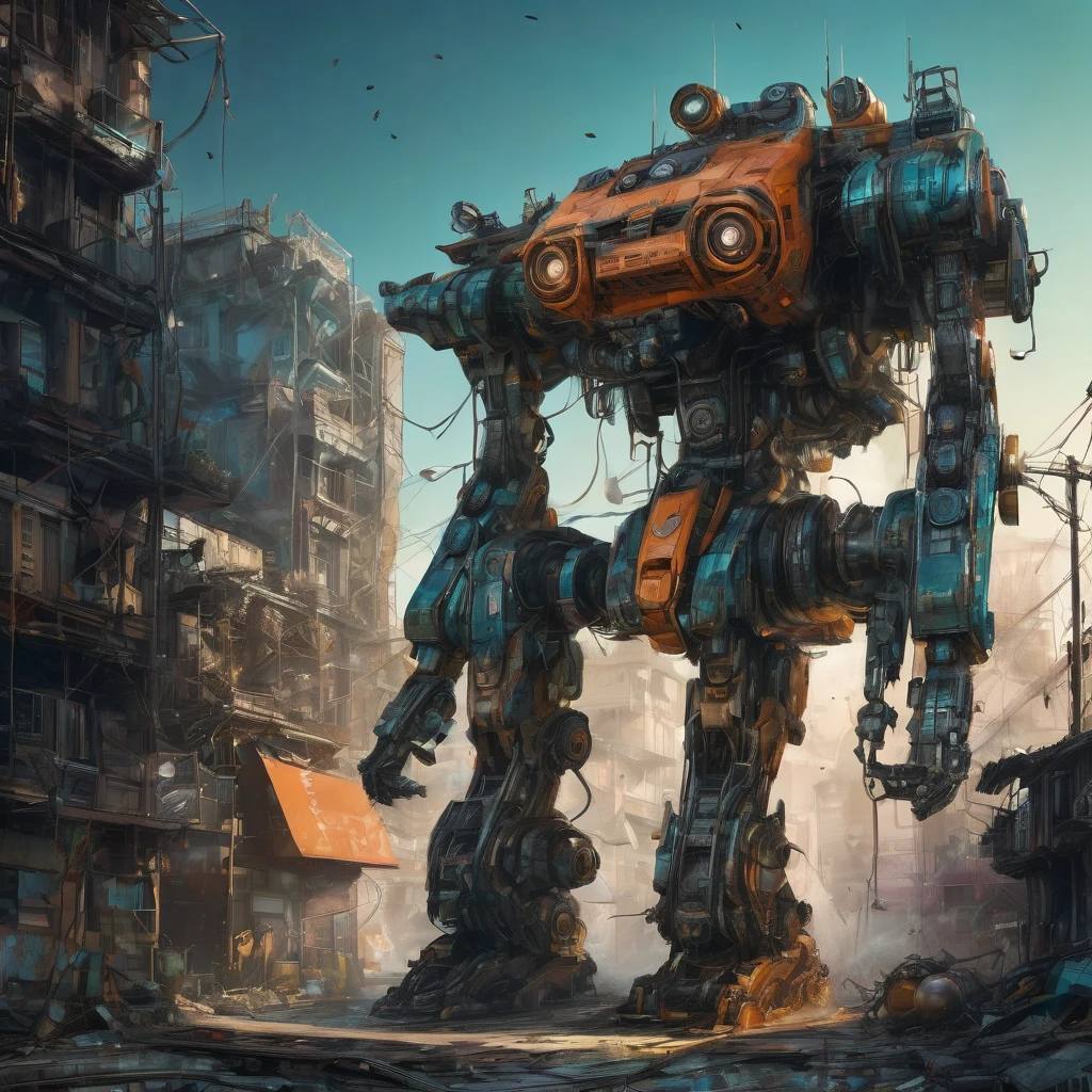 Abandoned Mech, aesthetic, extremely detailed, eye catching, drab, Jaeger_Pacific_Rim , schematic diagram ink on blueprint by Enki Bilal by Vladislav, biomechanical complex, hyperdetailed, intricate, mechanical, Scientific American illustration, Abandoned Robot :: decaying mech, ruins :: sunrise :: beautiful painting, highly detailed :: by Greg Rutkowski and Magali Villanueve, by Lee Jeffries, Alessio Albi, Adrian Kuipers :: ambient light, Nikon 15mm f/1.8G :: Professional photography, bokeh, natural lighting, shot on dslr  megapixels sharp focus, 8k resolution concept art by Greg Rutkowski dynamic lighting hyperdetailed intricately detailed Splash art trending on Artstation triadic colors Unreal Engine 5 volumetric lighting Alphonse Mucha WLOP Jordan Grimmer orange and teal, horror Gustave Doré Greg Rutkowski