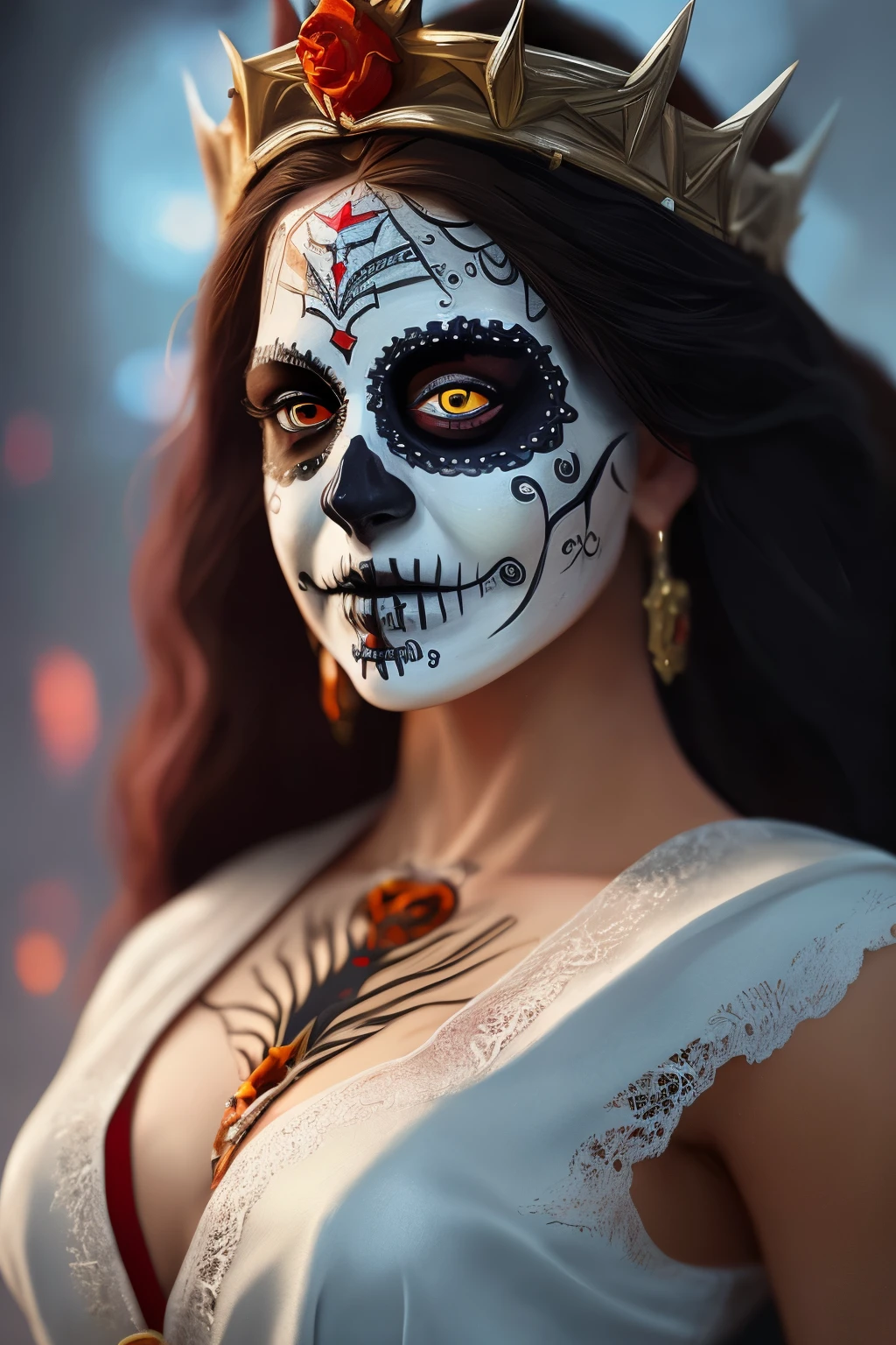 One (full body: 1.3) shot in 8k resolution, splash art, fantastic comic book style, photorealistic, anatomical realistic digital painting portrait of a Latina woman (mexican muertos queen: 1.3) in white (silk dress: 1.1), (long curly red hair:1.1), (medieval city:1.3), particle of light,, very detailed skin, very detailed eyes, (elden ring style:1.3),  (Warhammer style:1.1), conceptual artist, global lighting, depth of field, splash art, art by Artgerm and Greg Rutkowski and Viktoria Gavrilenko