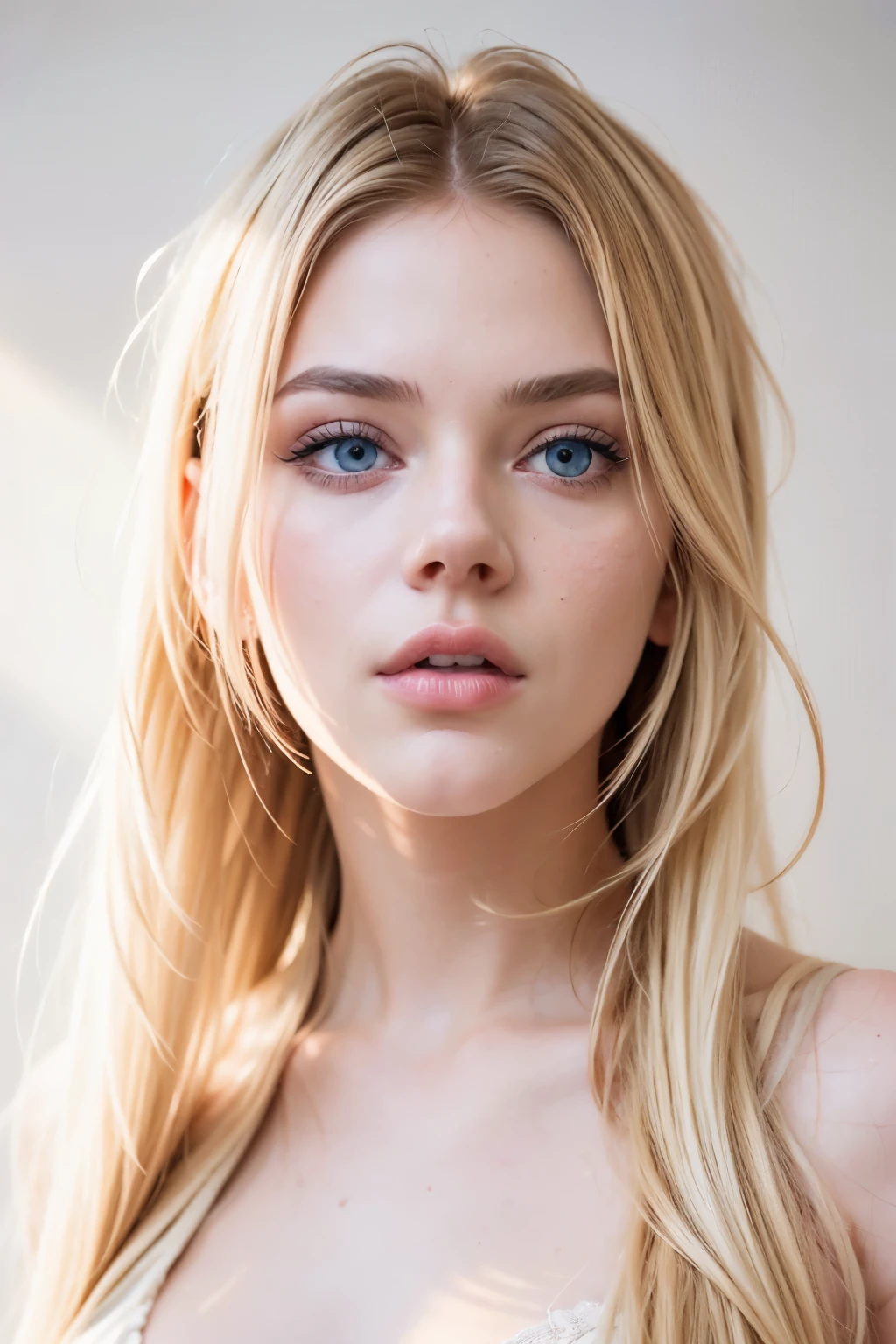 full naked ((AlexiaThompson01R's face)). White background. beautiful. perfect, blonde hair, blue eyes. closed look. (location: White wall, white background) serious face, sad expression. hate in the eyes. Vibrant Blue Eye. loose hair. hair falling over one eye, emo bangs. pink lips. perfect, white skin. thin nose, thin chin. face in profile, face from the side. ((full body, front view))